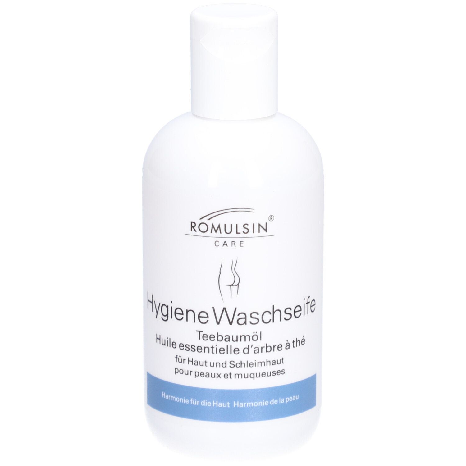 Witte fles met klapdeksel. Opschrift: ROMULSIN CARE, Hygiene Waschseife, Tea tree olie. Blauwe balk met tekst.