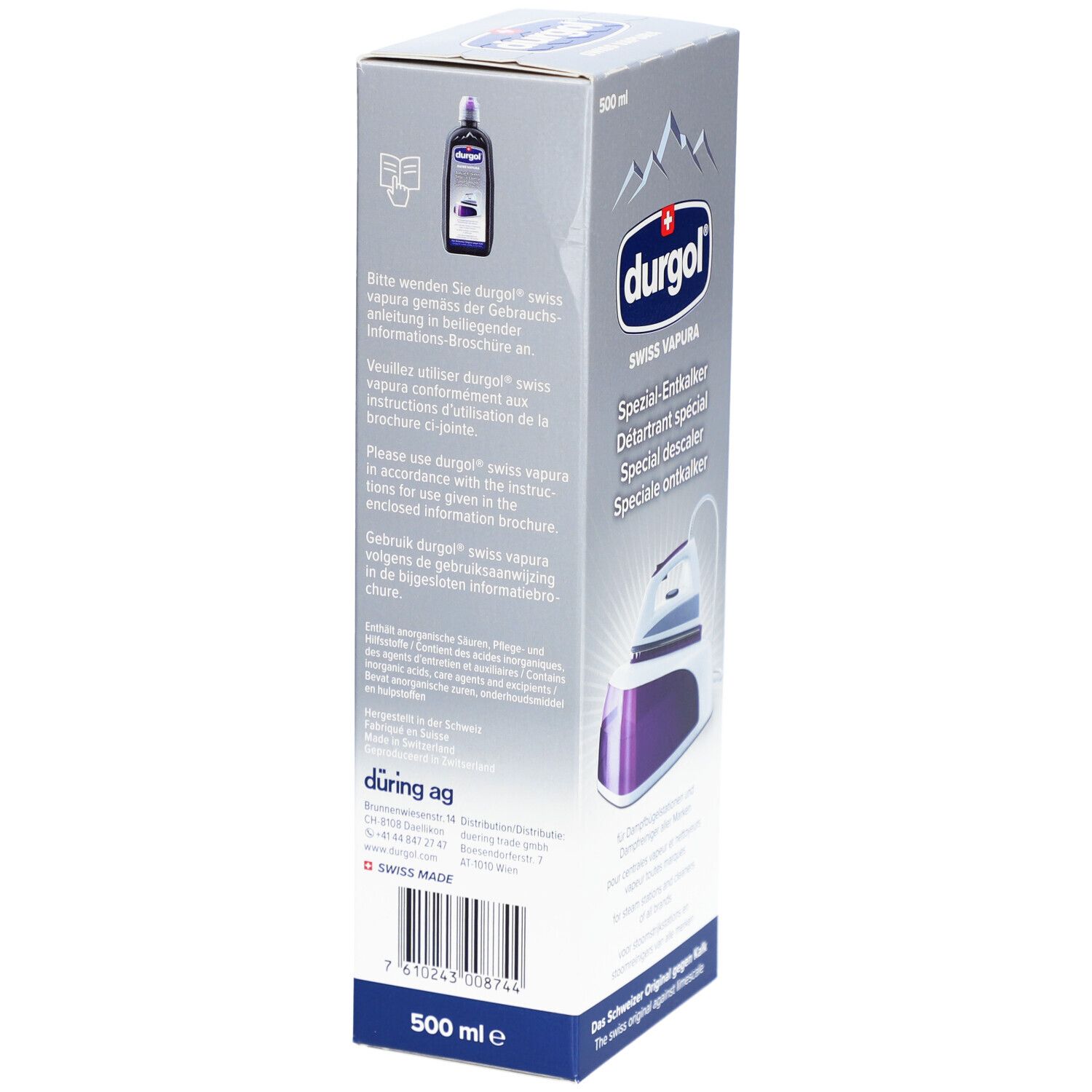 Dos de l'emballage Durgol. Contient du texte multilingue et une image du produit. 500 ml.