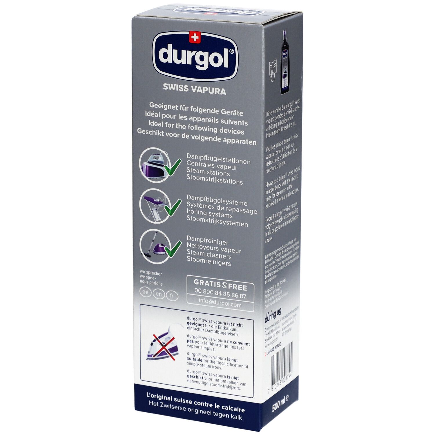 Emballage Durgol. Convient aux centrales vapeur et aux nettoyeurs vapeur. Contient le nom et le logo. 500 ml.