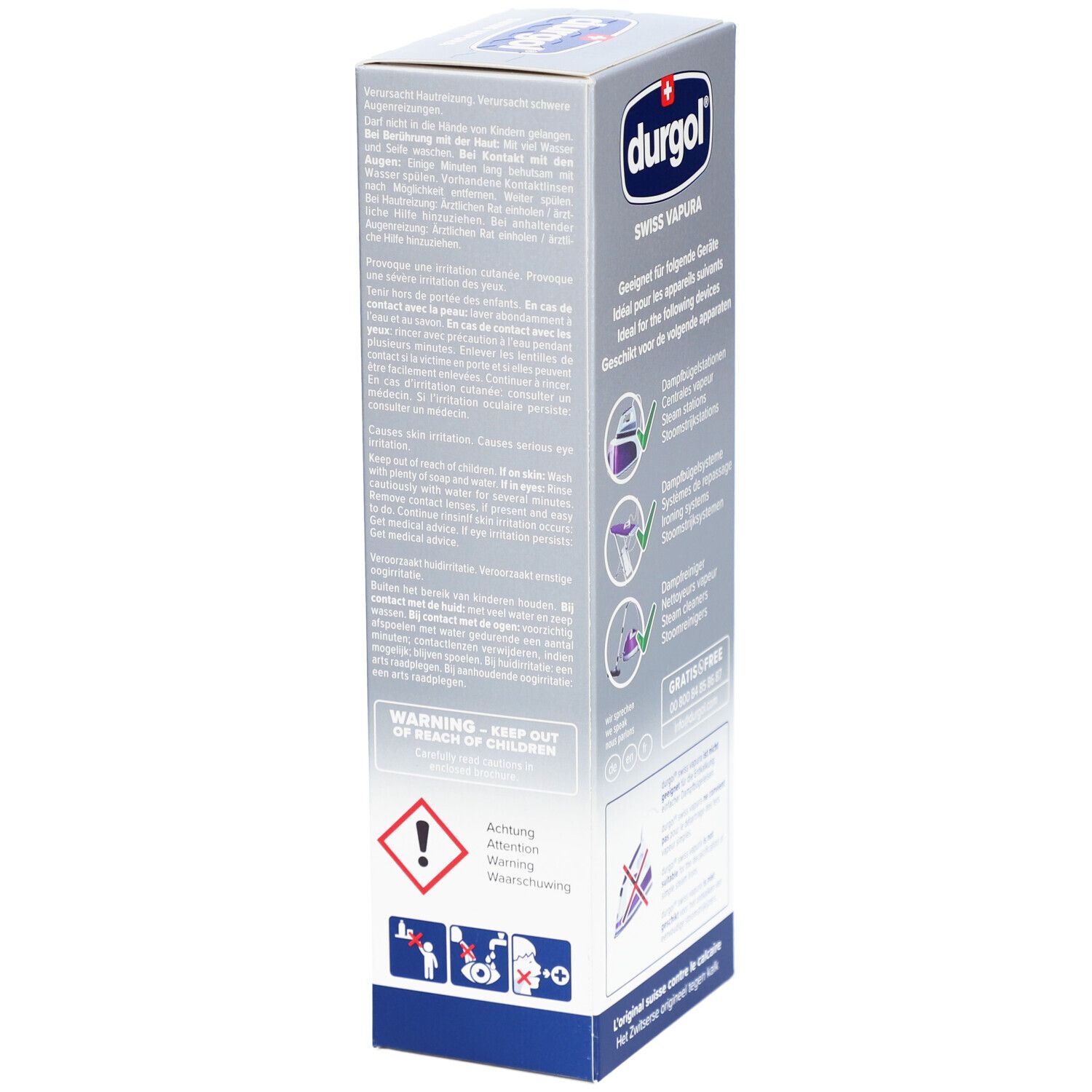 Emballage Durgol. Contient des avertissements et des informations sur le produit. 500 ml. Logo et nom visibles.