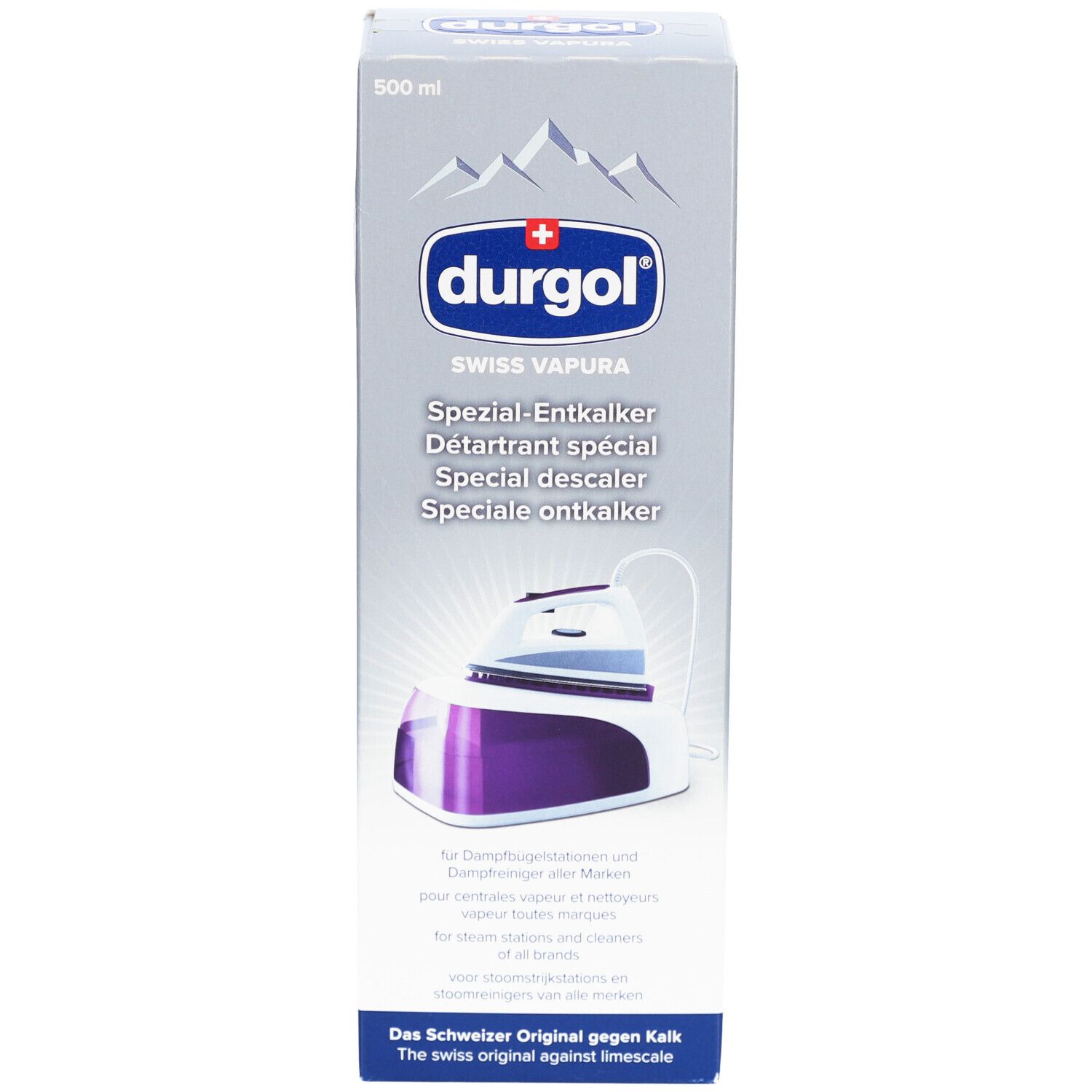 Durgol détartrant spécial. Emballage avec image du produit. Contient le nom du produit et le logo. 500 ml.