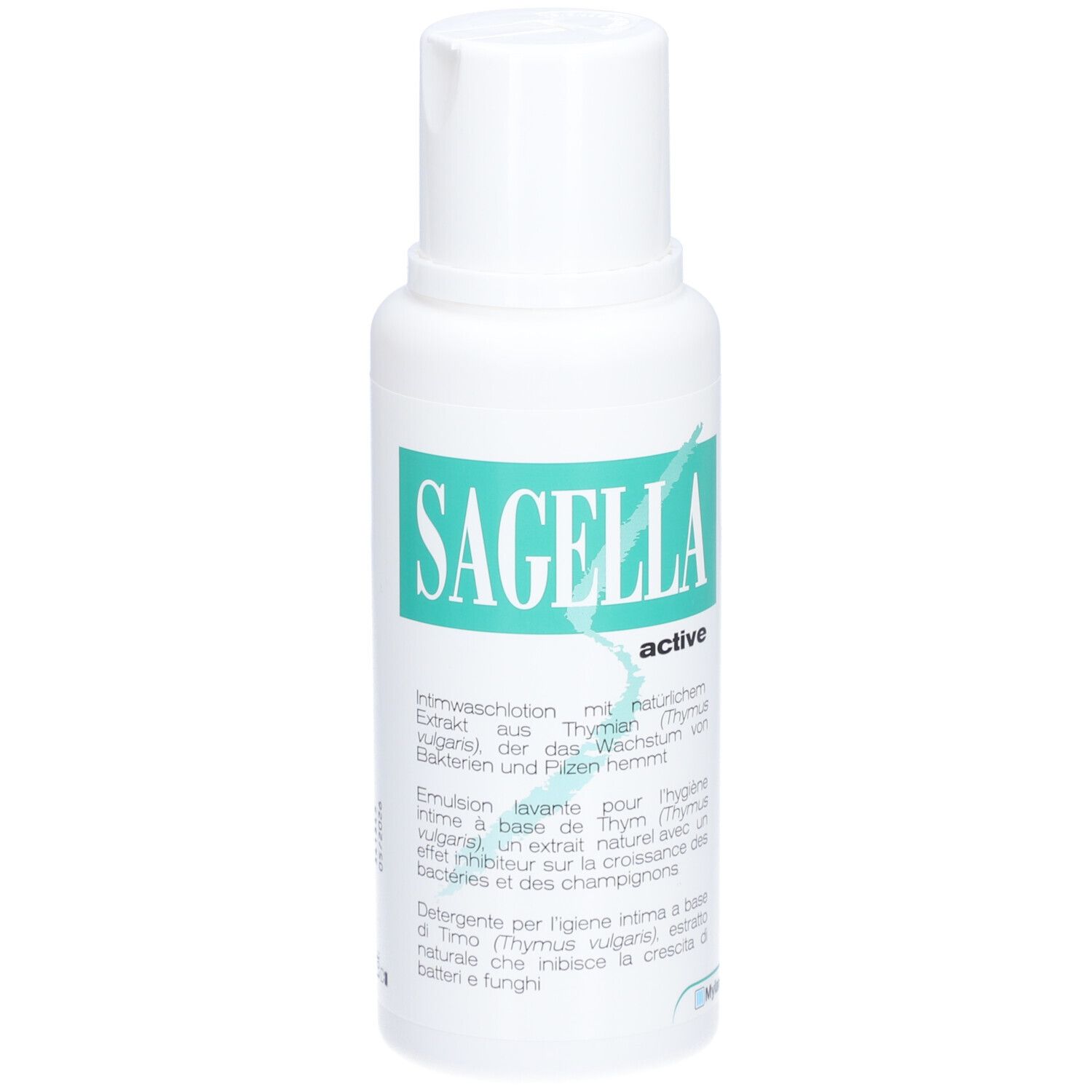 Witte fles met groen etiket. Opschrift: Sagella active. Tekst in het Duits, Italiaans, Frans.