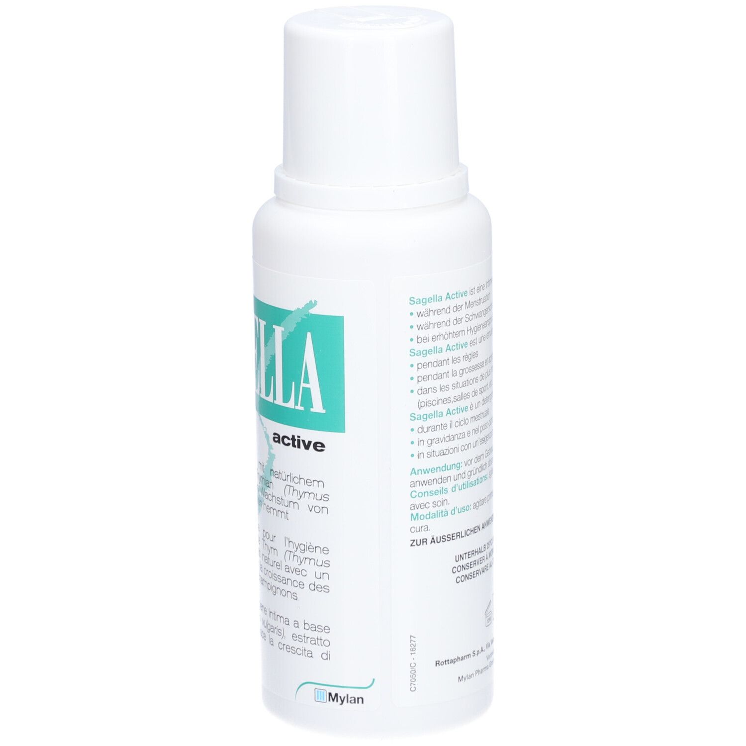 Witte fles met groen etiket. Opschrift: Sagella active. Tekst in het Duits, Italiaans, Frans.