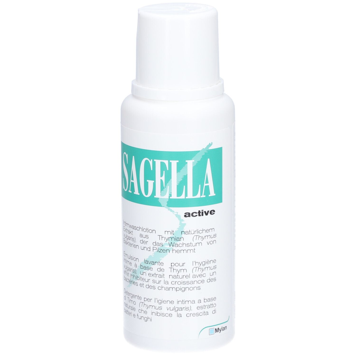 Witte fles met groen etiket. Opschrift: Sagella active. Tekst in het Duits, Italiaans, Frans.