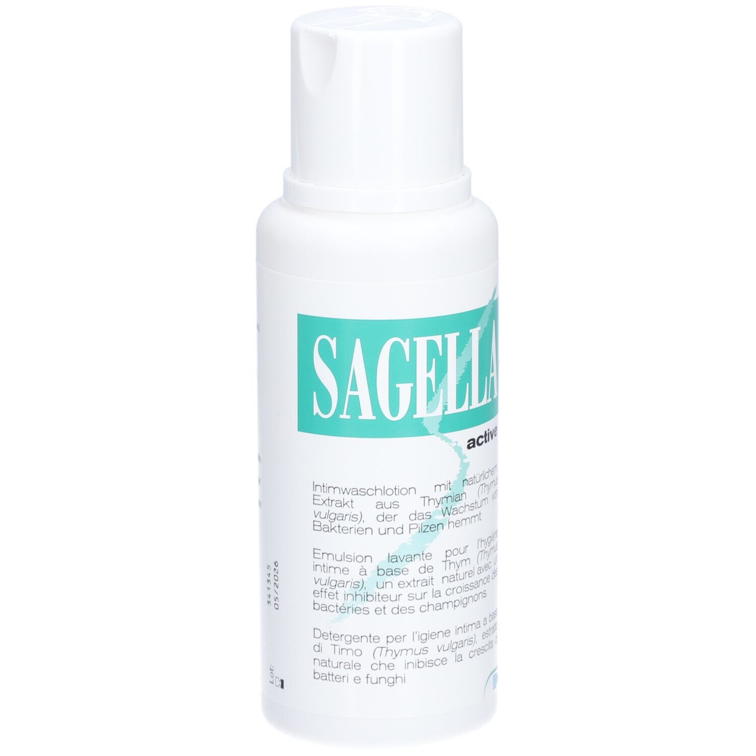 Witte fles met groen etiket. Opschrift: Sagella active. Tekst in het Duits, Italiaans, Frans.