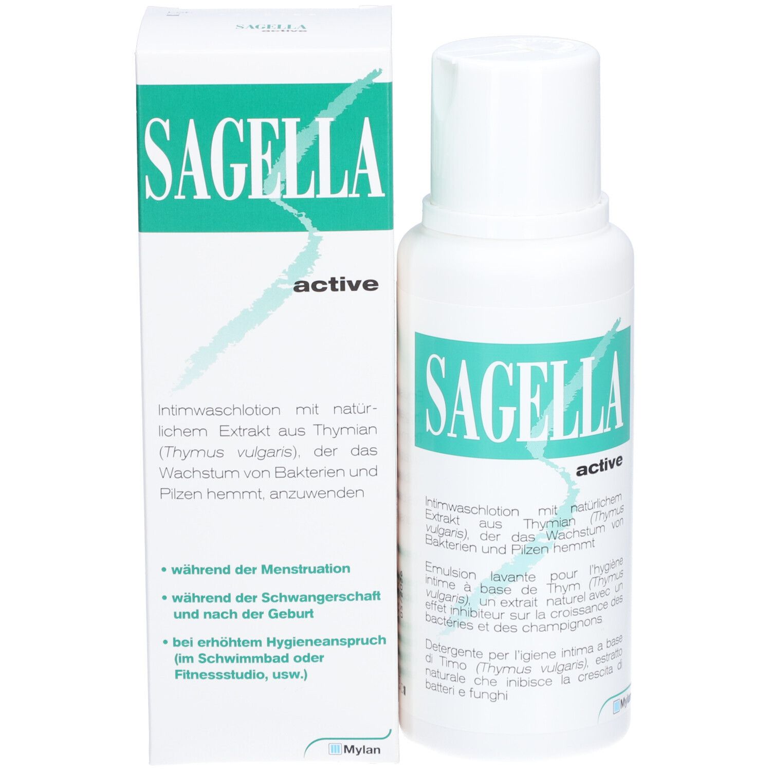 Productverpakking en fles. Opschrift: Sagella active. Tekst in het Duits, Italiaans, Frans. Groen en wit.