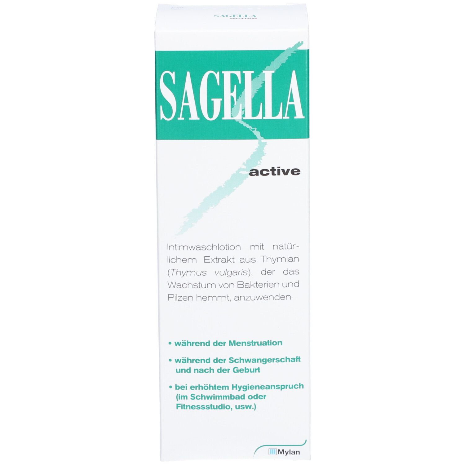 Productverpakking. Opschrift: Sagella active. Tekst in het Duits, Italiaans, Frans. Groen en wit.