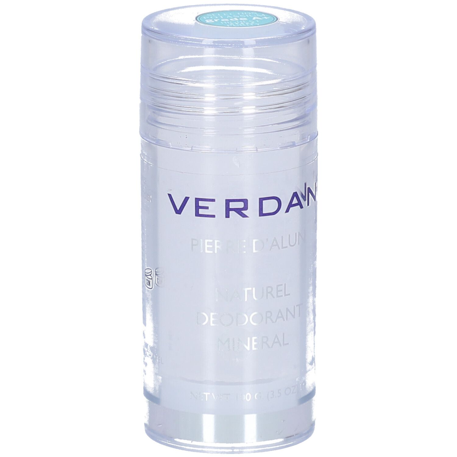 Stick déodorant avec couvercle transparent. Inscription VERDAN, Pierre d'alun, Naturel, Déodorant minéral. Couvercle turquoise.