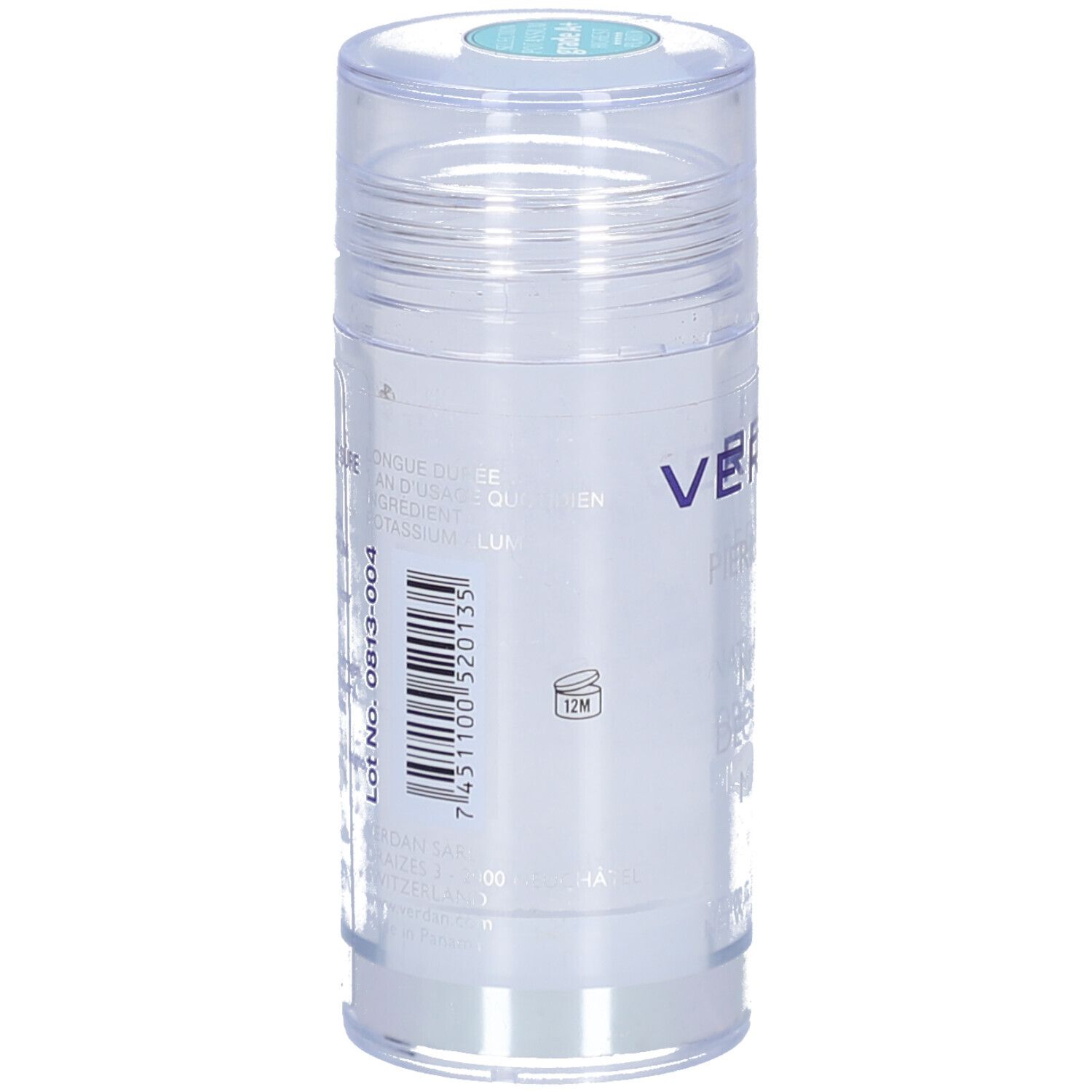 Stick déodorant avec couvercle transparent. Dos avec texte et code-barres. Impression 12M. Lot n° 0813-004.