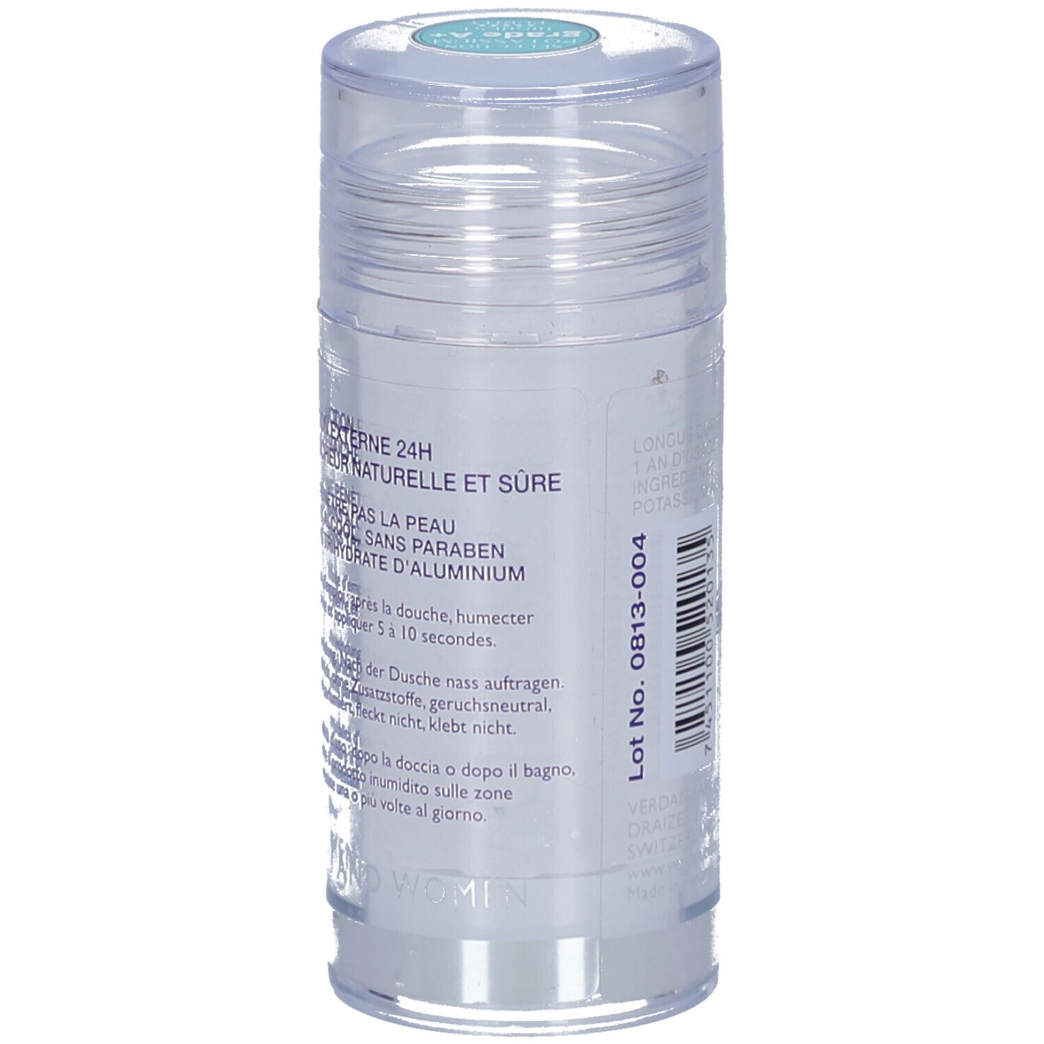 Stick déodorant avec couvercle transparent. Texte en français et allemand. Impression : Externe 24H, Naturelle et sûre, sans paraben.