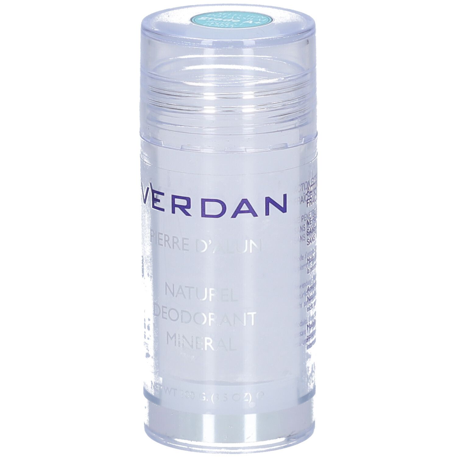 Stick déodorant avec couvercle transparent. Inscription VERDAN, Pierre d'alun, Naturel, Déodorant minéral. Couvercle turquoise.