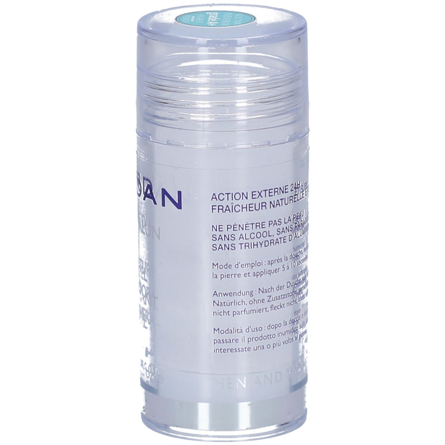 Stick déodorant avec couvercle transparent. Texte en français et allemand. Impression : Action externe 24H, sans alcool, sans trihydrate.