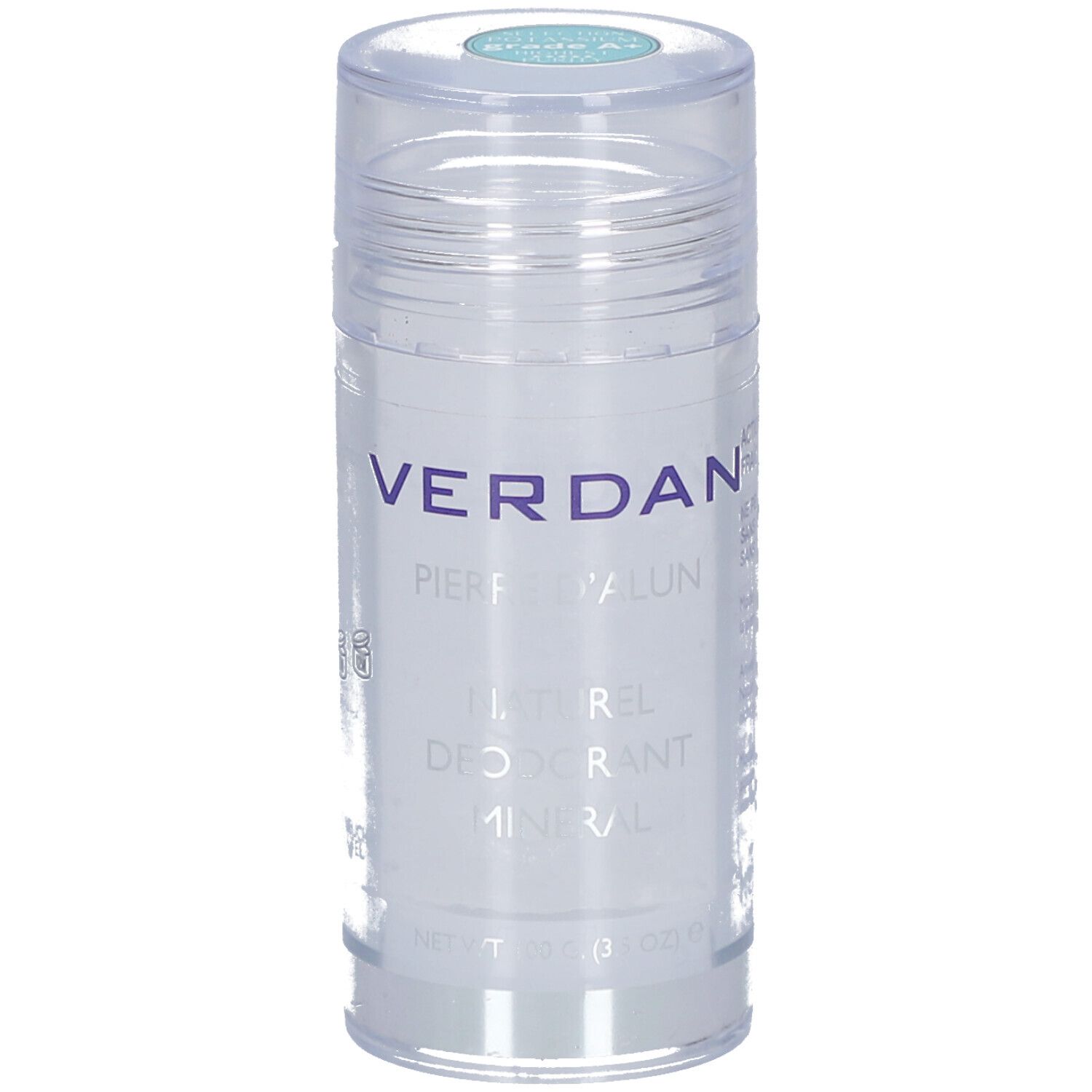 Stick déodorant avec couvercle transparent. Inscription VERDAN, Pierre d'alun, Naturel, Déodorant minéral. Couvercle turquoise.