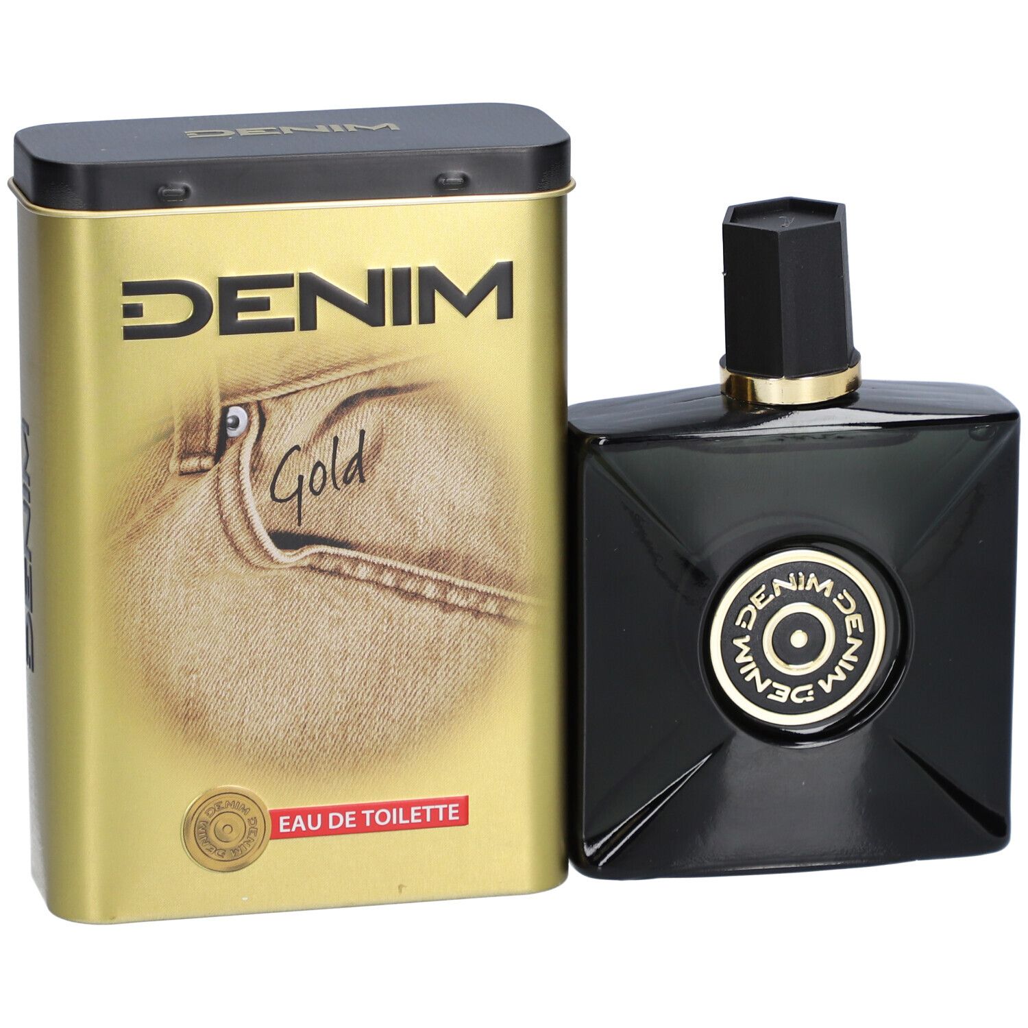 Flacon noir et boîte dorée. La boîte indique DENIM Gold Eau de Toilette. Flacon avec bouchon noir.