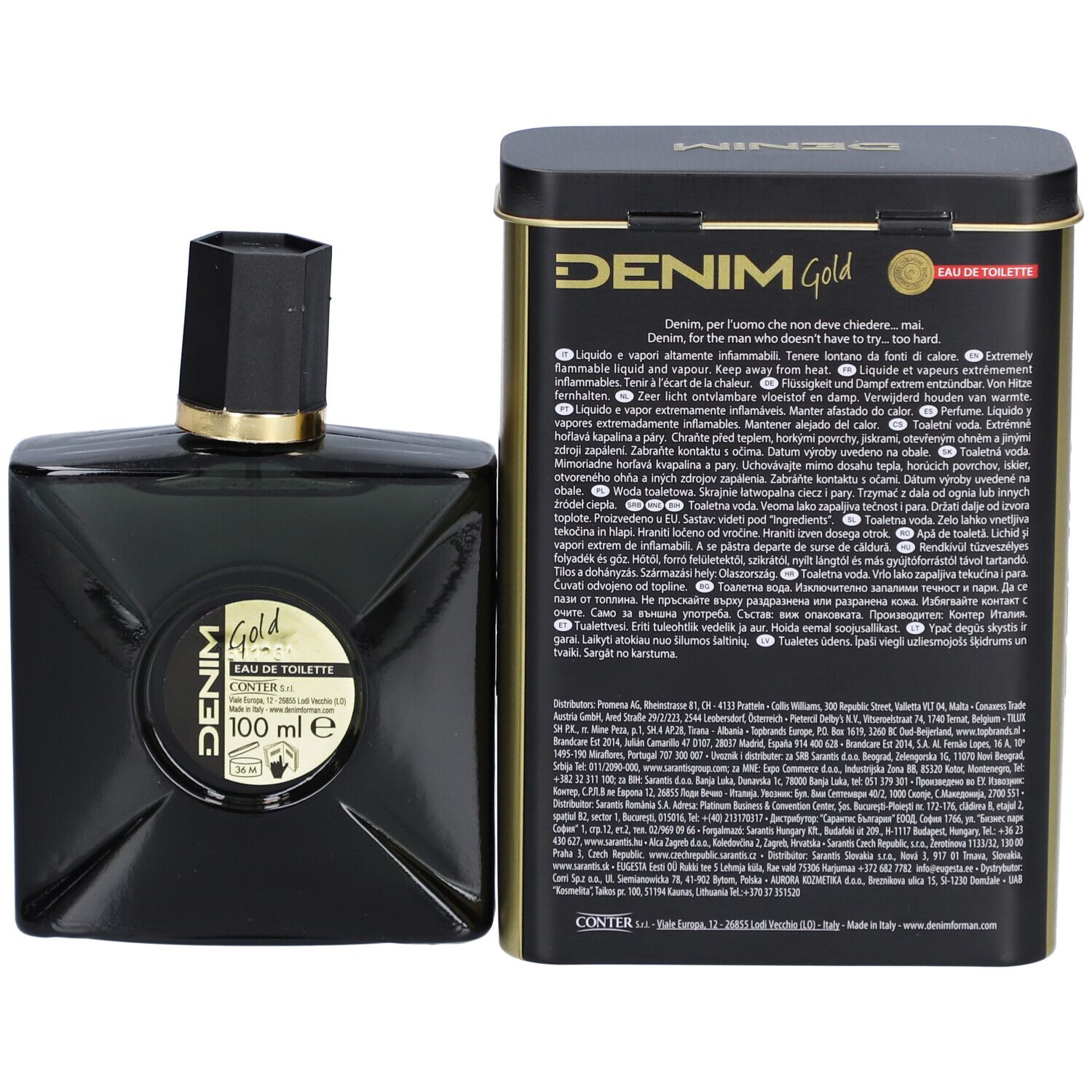 Flacon noir et boîte dorée. La boîte indique DENIM Gold Eau de Toilette. Flacon avec bouchon noir.