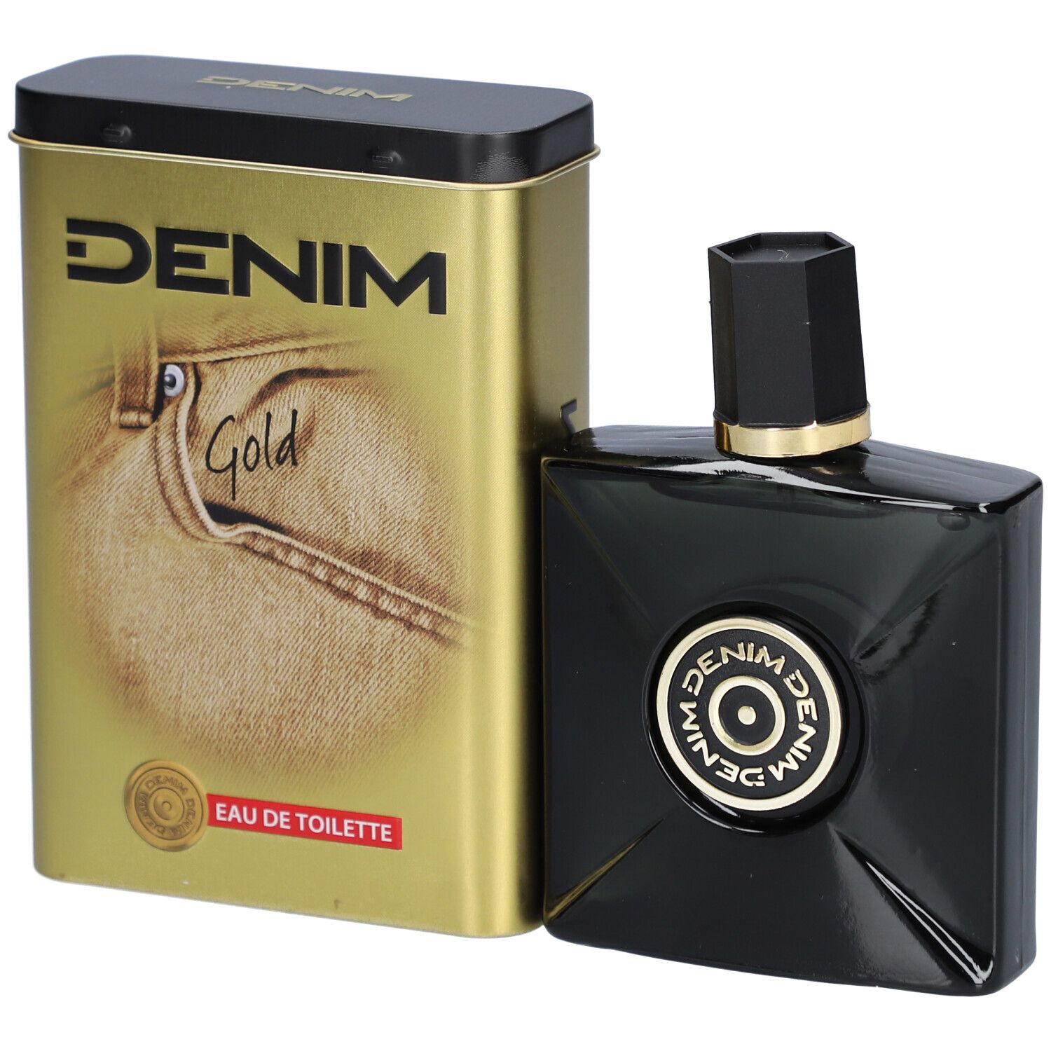 Flacon noir et boîte dorée. La boîte indique DENIM Gold Eau de Toilette. Flacon avec bouchon noir.