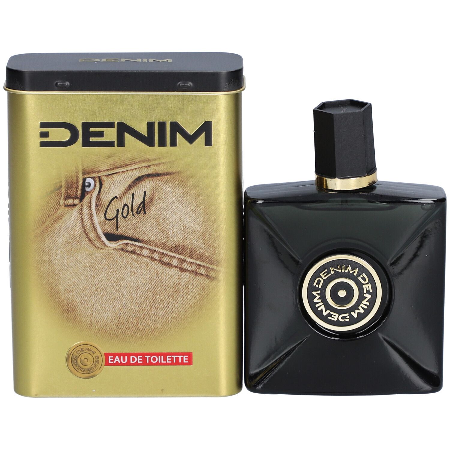 Flacon noir et boîte dorée. La boîte indique DENIM Gold Eau de Toilette. Flacon avec bouchon noir.