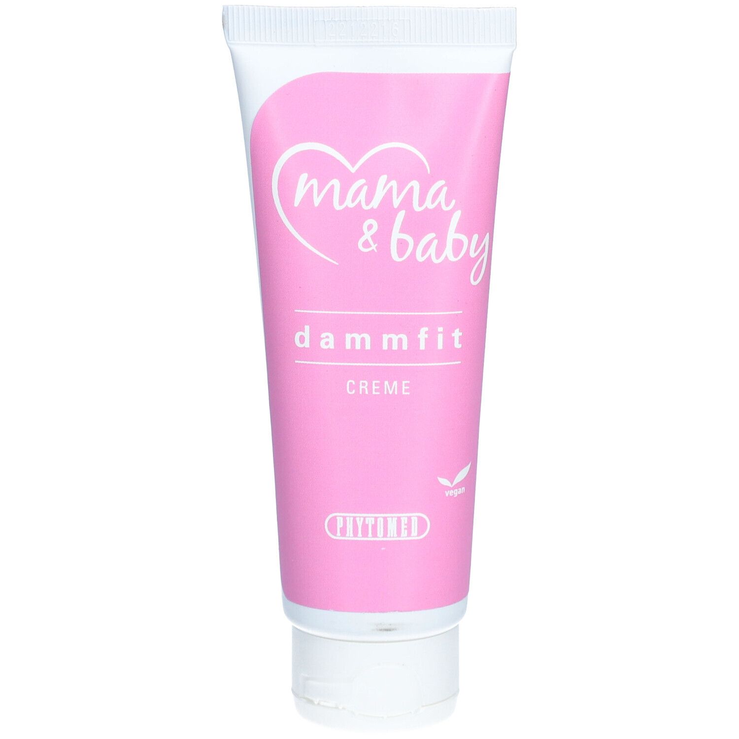 Tube rose avec bouchon blanc. Inscription: Mama & Baby, Dammfit Creme. Label vegan. Logo Phytomed.