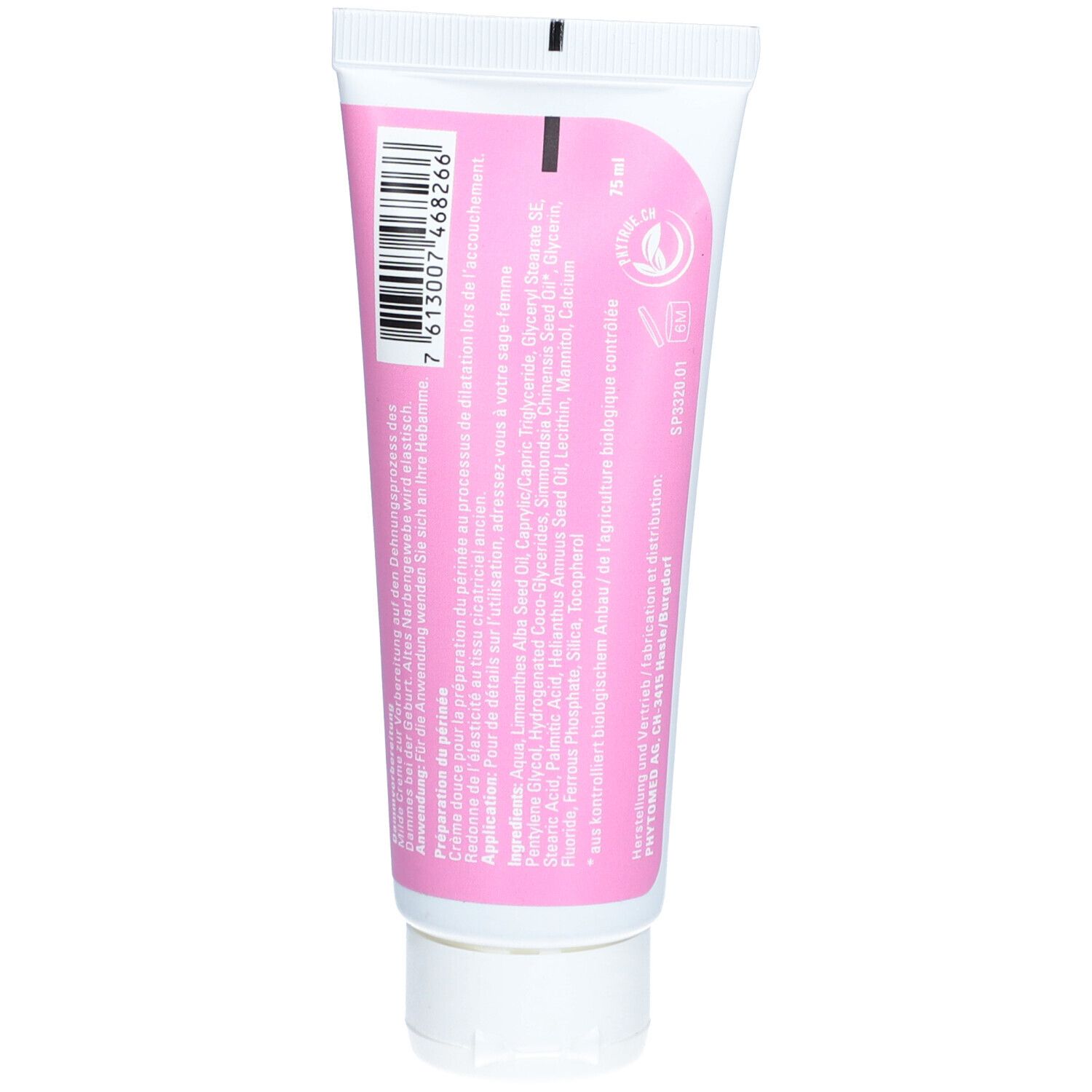 Dos du tube rose. Code-barres, texte avec ingrédients et instructions d'utilisation. Label vegan.