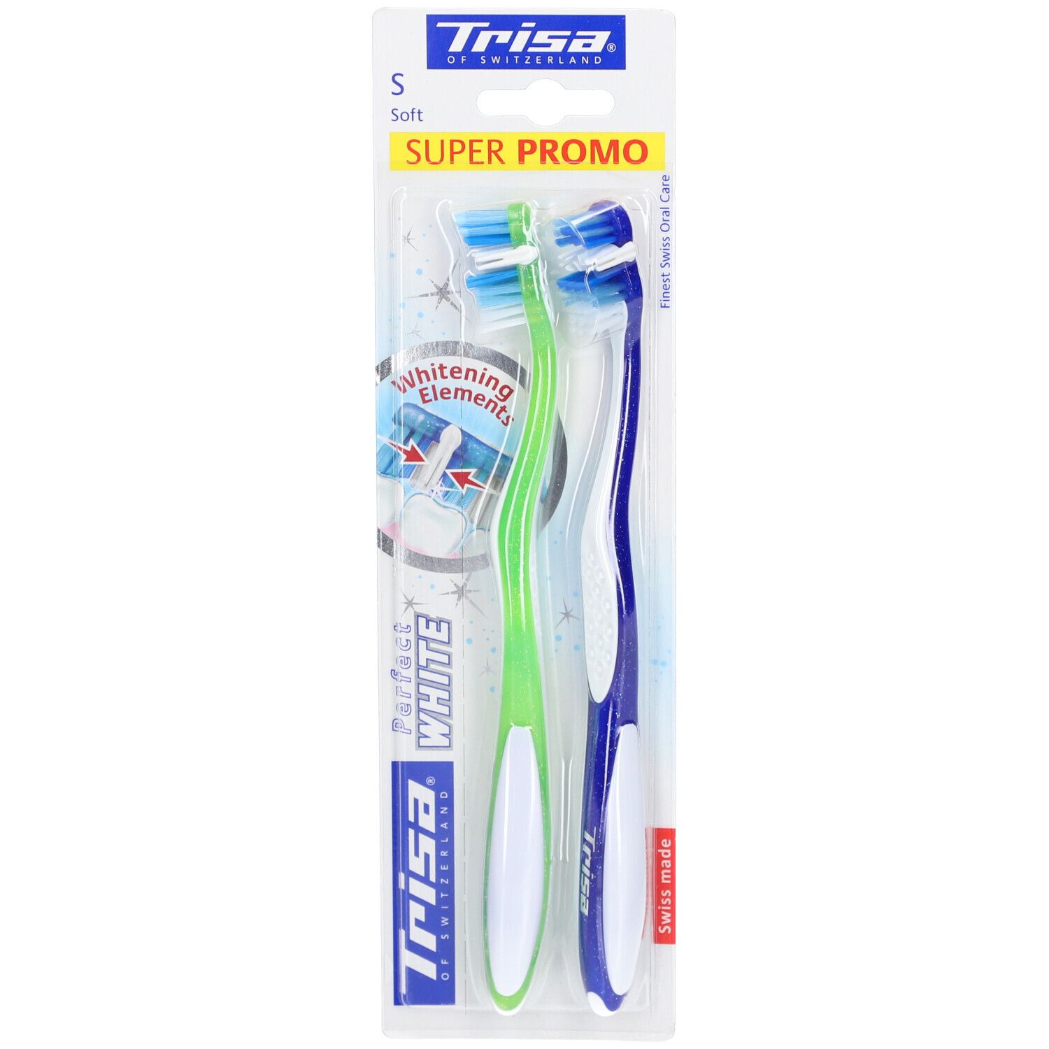 Twee tandenborstels in verpakking. Groen en blauw, met witte handgreep. Opschrift "Perfect White" en "Trisa".