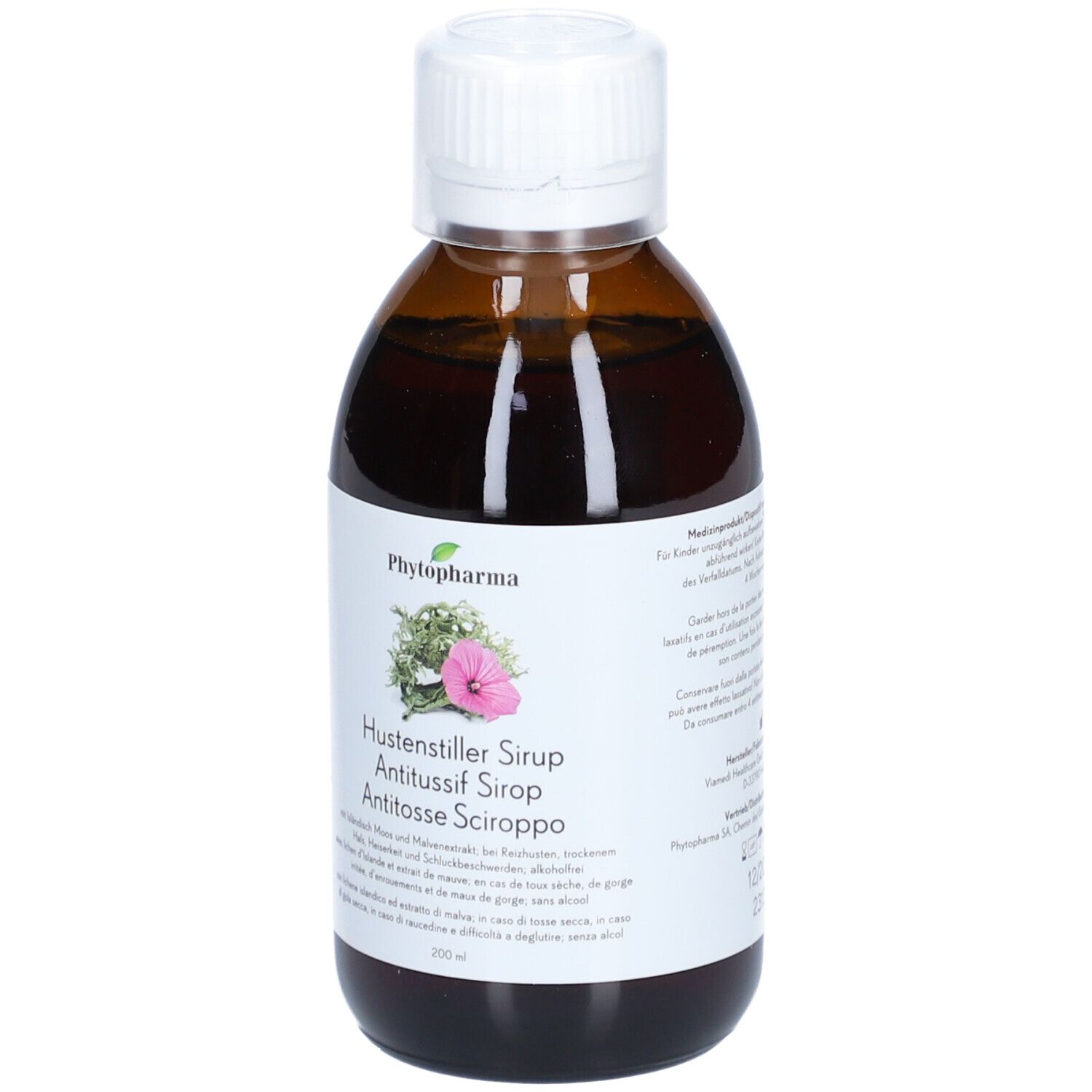 Bruine fles met witte dop. Etiket met productnaam en logo. Vloeistof zichtbaar.
