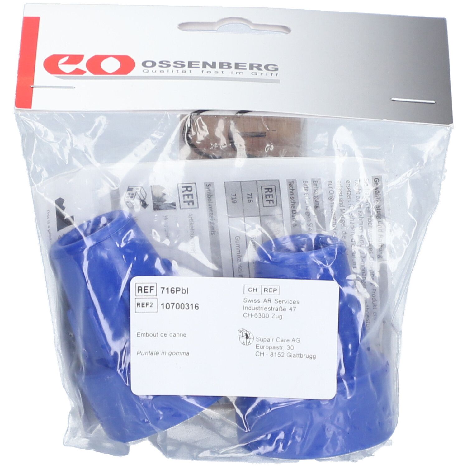 Paire de capsules de béquille Pivoflex 16 mm bleues, emballées. Logo OSSENBERG en haut à gauche.