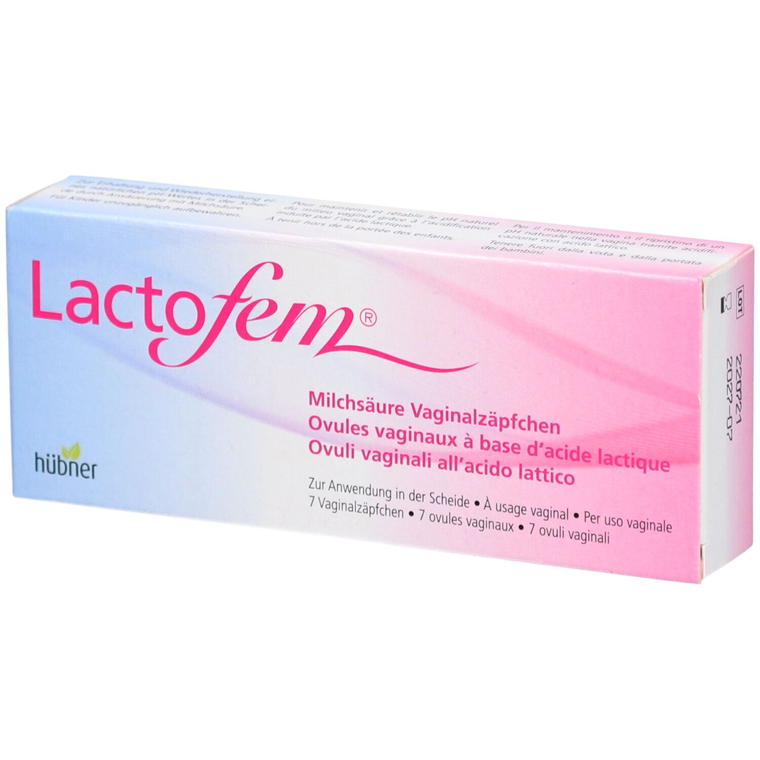 Verpakking LACTOFEM melkzuur vaginale zetpillen. Tekst: 7 vaginale ovules. Roze-wit design.