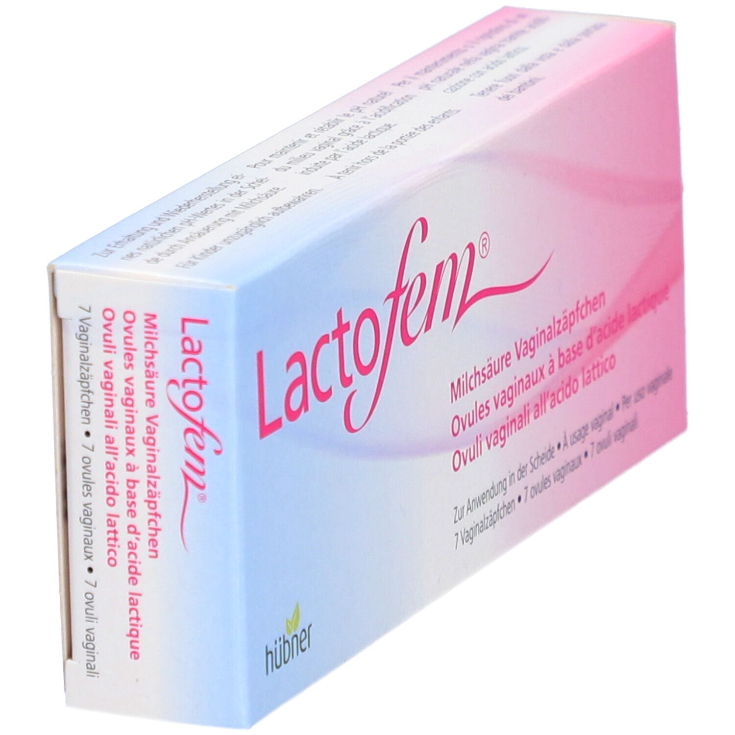 Schuine verpakking van LACTOFEM. Tekst: LACTOFEM, melkzuur vaginale zetpillen, 7 ovules. Roze-wit design.