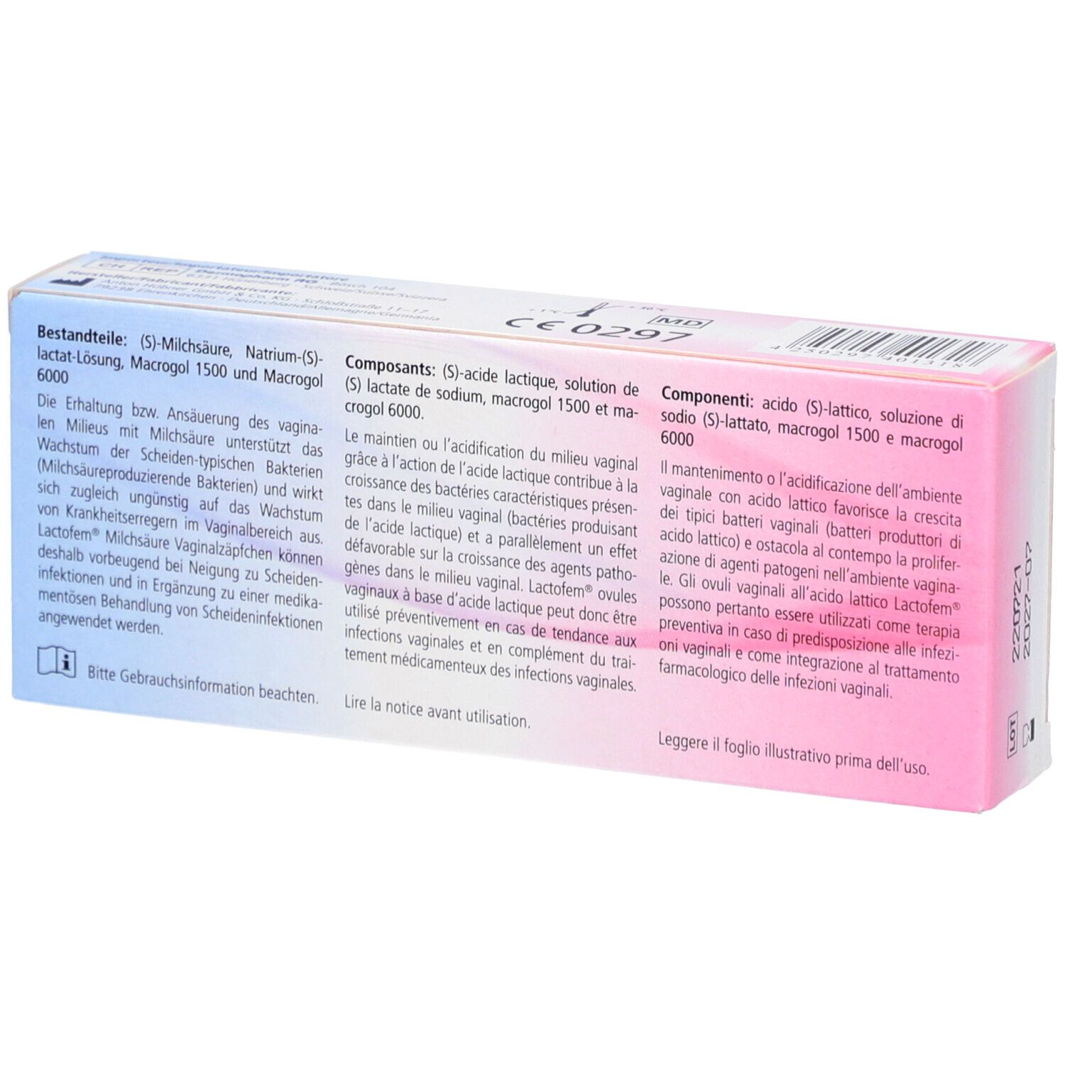 Achterkant van de LACTOFEM verpakking. Tekst: Ingrediënten, gebruiksaanwijzing. Roze-wit design.