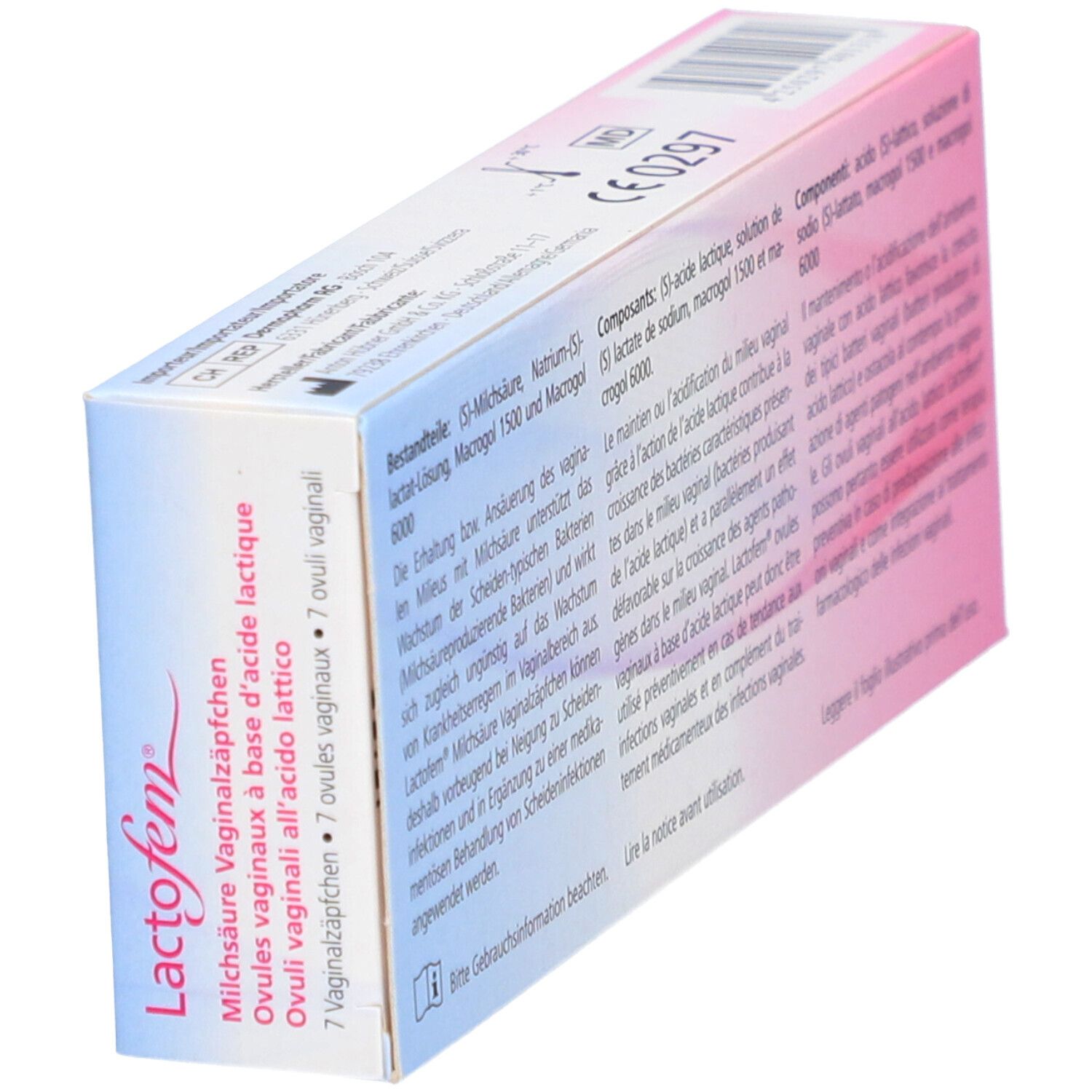 Schuine verpakking van LACTOFEM. Tekst: LACTOFEM, melkzuur vaginale zetpillen, 7 ovules. Roze-wit design.
