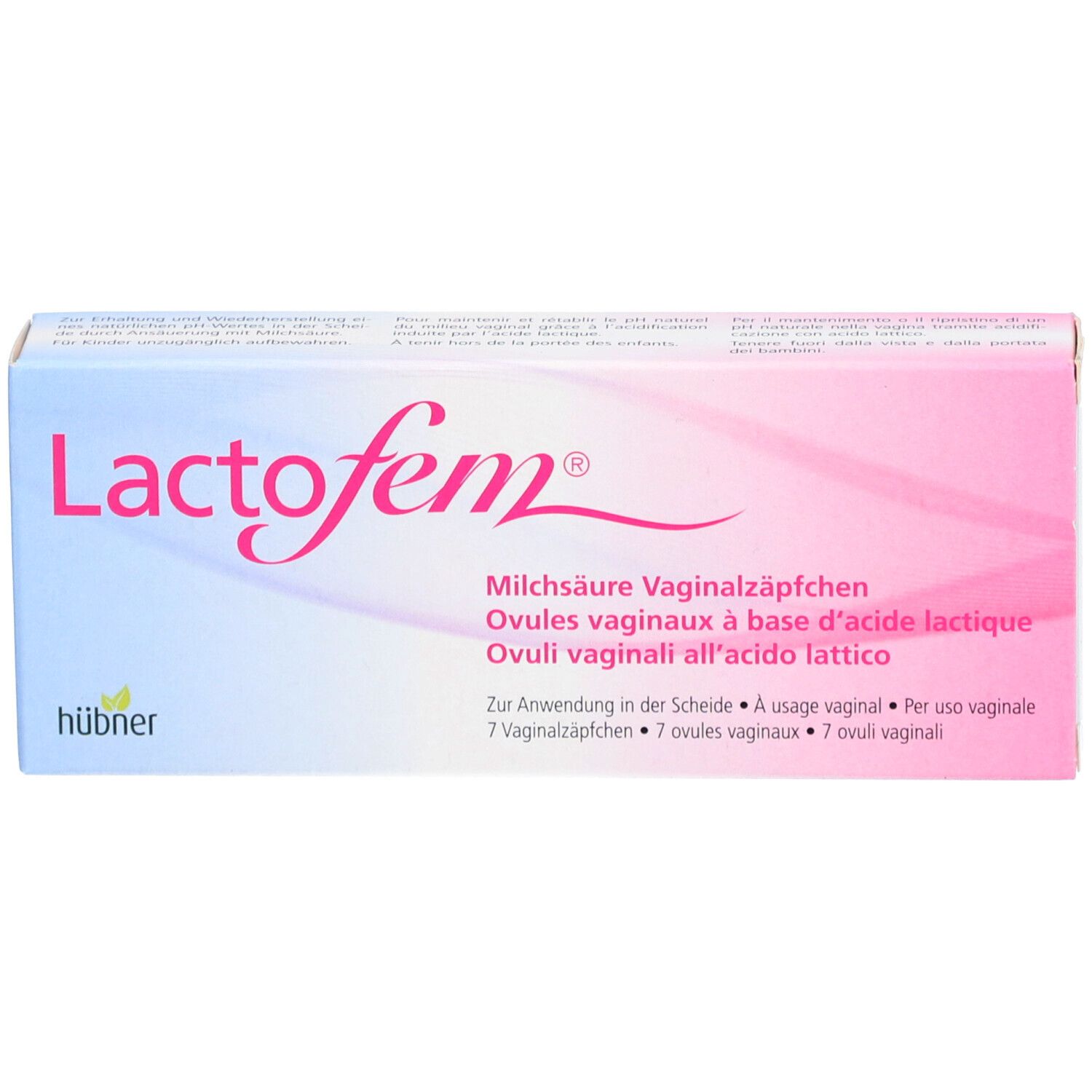 Verpakking LACTOFEM melkzuur vaginale zetpillen. Tekst: 7 vaginale ovules. Roze-wit design.