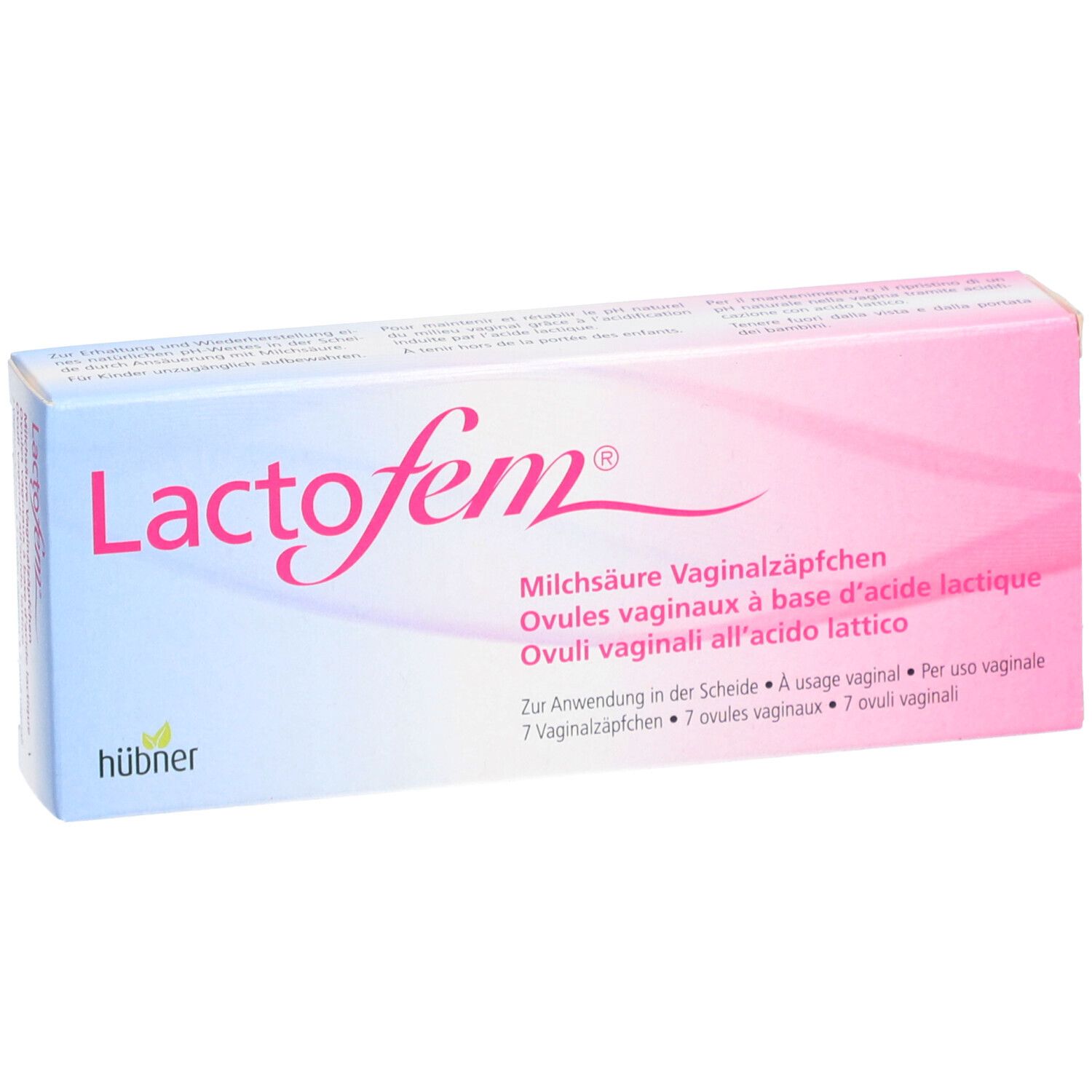Verpakking LACTOFEM melkzuur vaginale zetpillen. Tekst: 7 vaginale ovules. Roze-wit design.