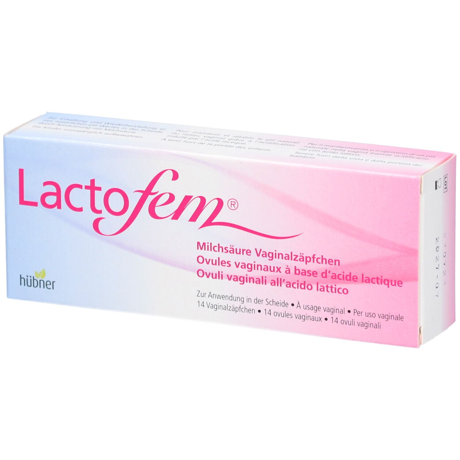 Doosje met "Lactofem"-opdruk. Bevat 14 vaginale zetpillen. Roze-wit design. Fabrikant: hübner.
