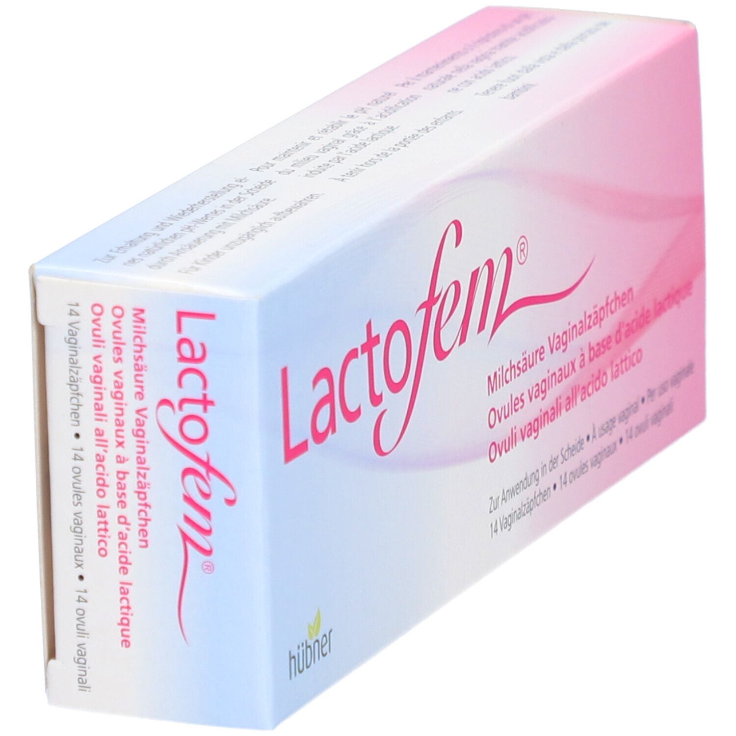 Schuin geplaatste "Lactofem" verpakking. Roze-wit design. Tekst in Duits, Frans, Italiaans. Fabrikant: hübner.