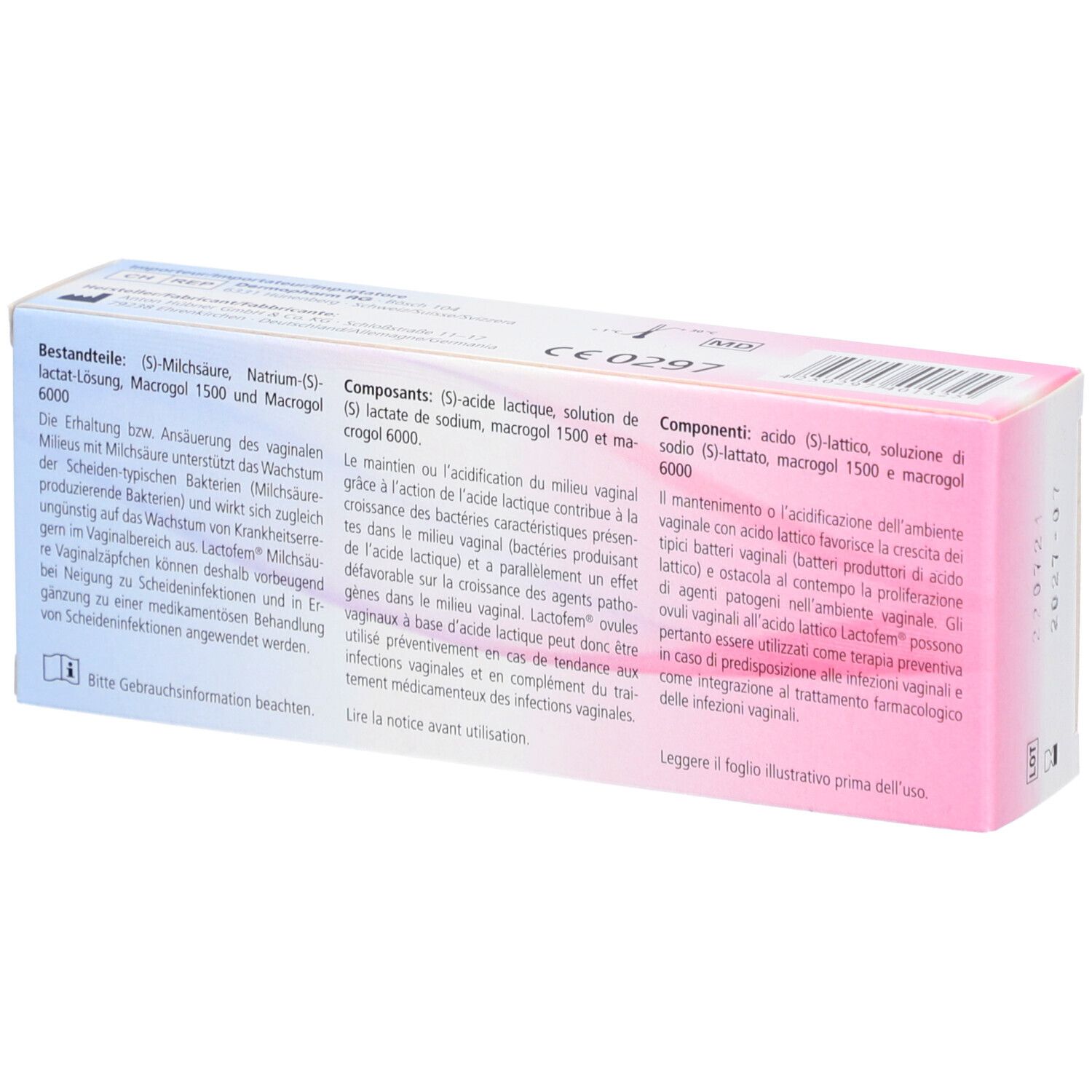 Achterkant van de "Lactofem" verpakking. Meertalige tekst. Bevat ingrediënten en gebruiksaanwijzing.