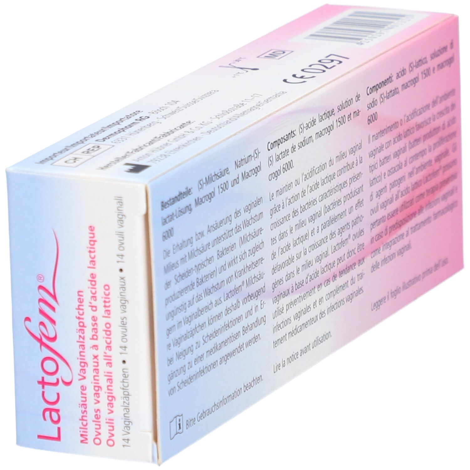 Schuin geplaatste achterkant van de "Lactofem" verpakking. Meertalige tekst. CE-markering.