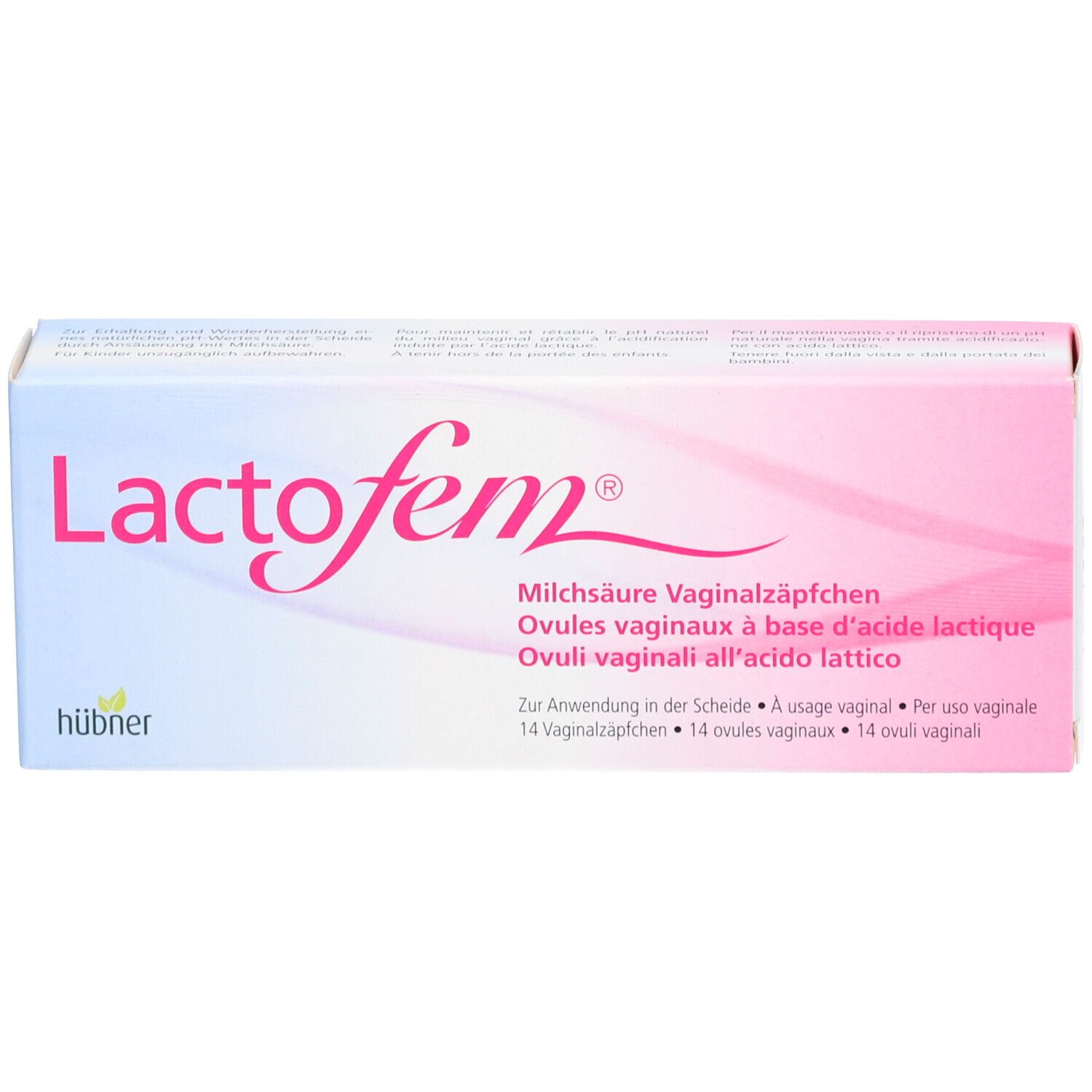 "Lactofem" verpakking. Roze-wit design. Bevat 14 vaginale zetpillen. Fabrikant: hübner.