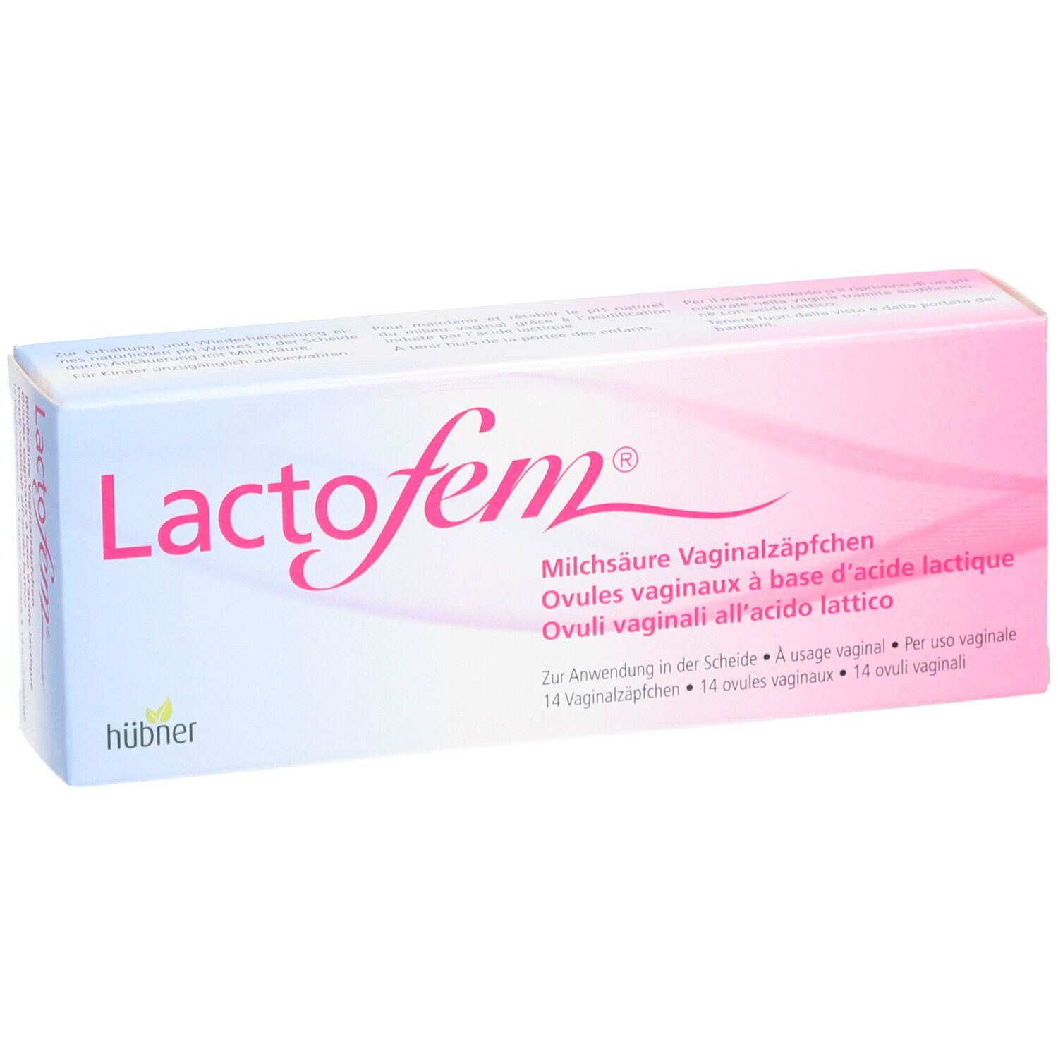 "Lactofem" verpakking. Roze-wit design. Bevat 14 vaginale zetpillen. Fabrikant: hübner.