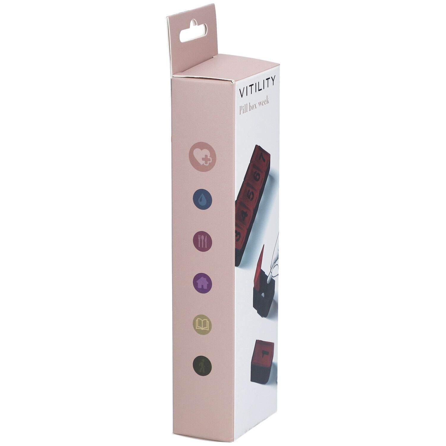 Zijkant van de VITILITY Pillendoos week verpakking. Iconen en illustraties. Productnaam en merk VITILITY.