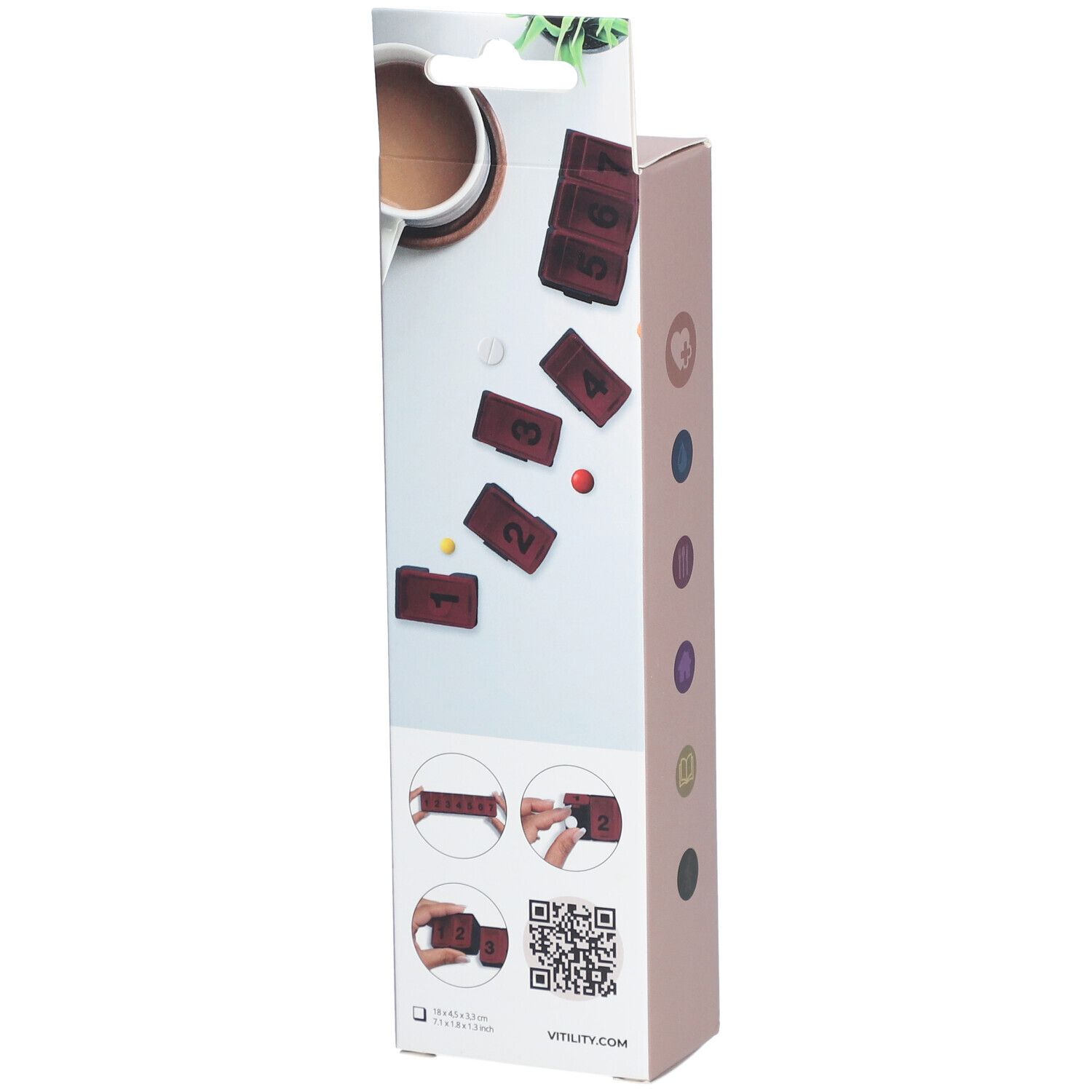 Achterkant van de VITILITY Pillendoos week verpakking. Afzonderlijke pillendoosjes, QR-code en illustraties.
