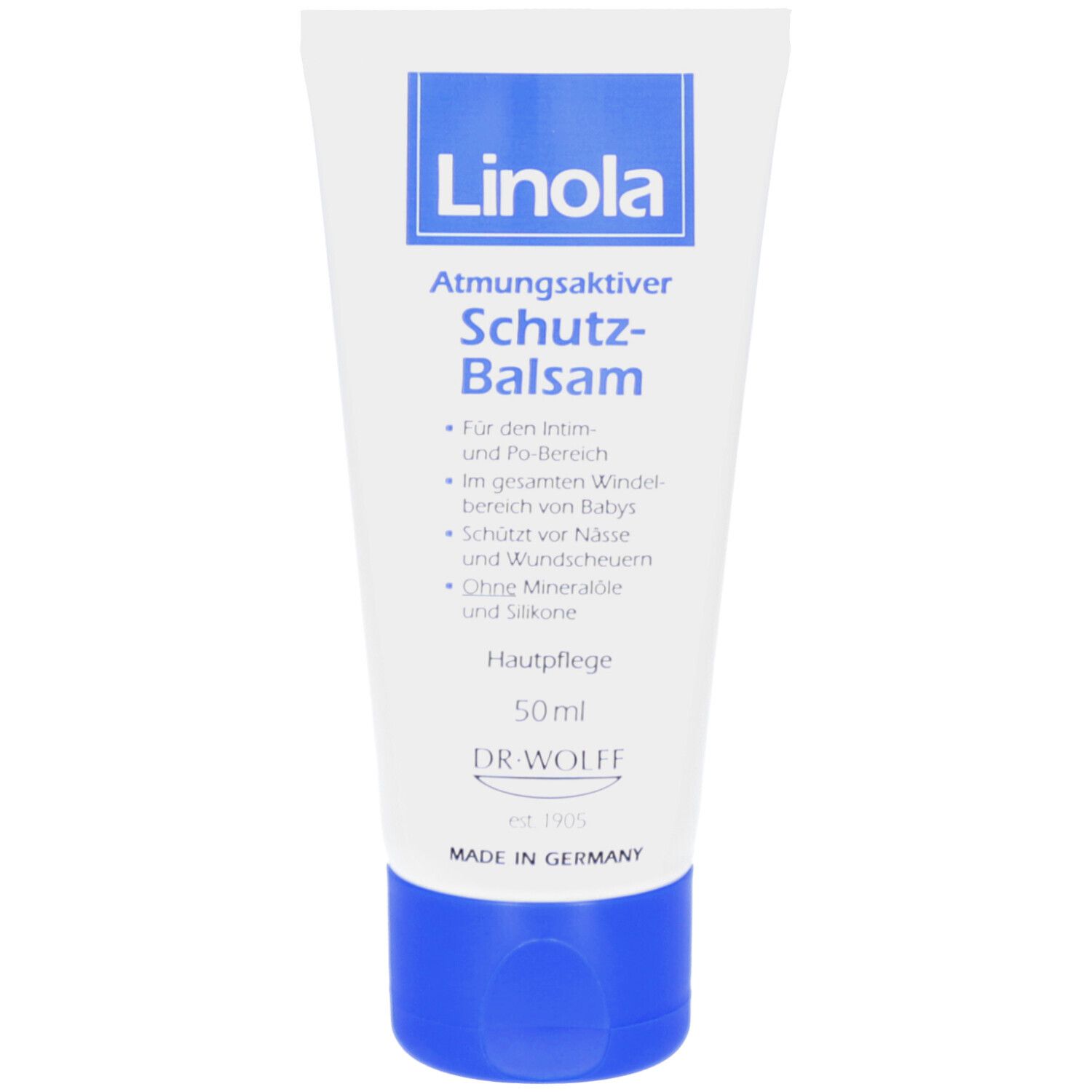Witte tube met blauwe dop. Opschrift: Linola, Beschermende balsem. 50ml. Dr. Wolff.