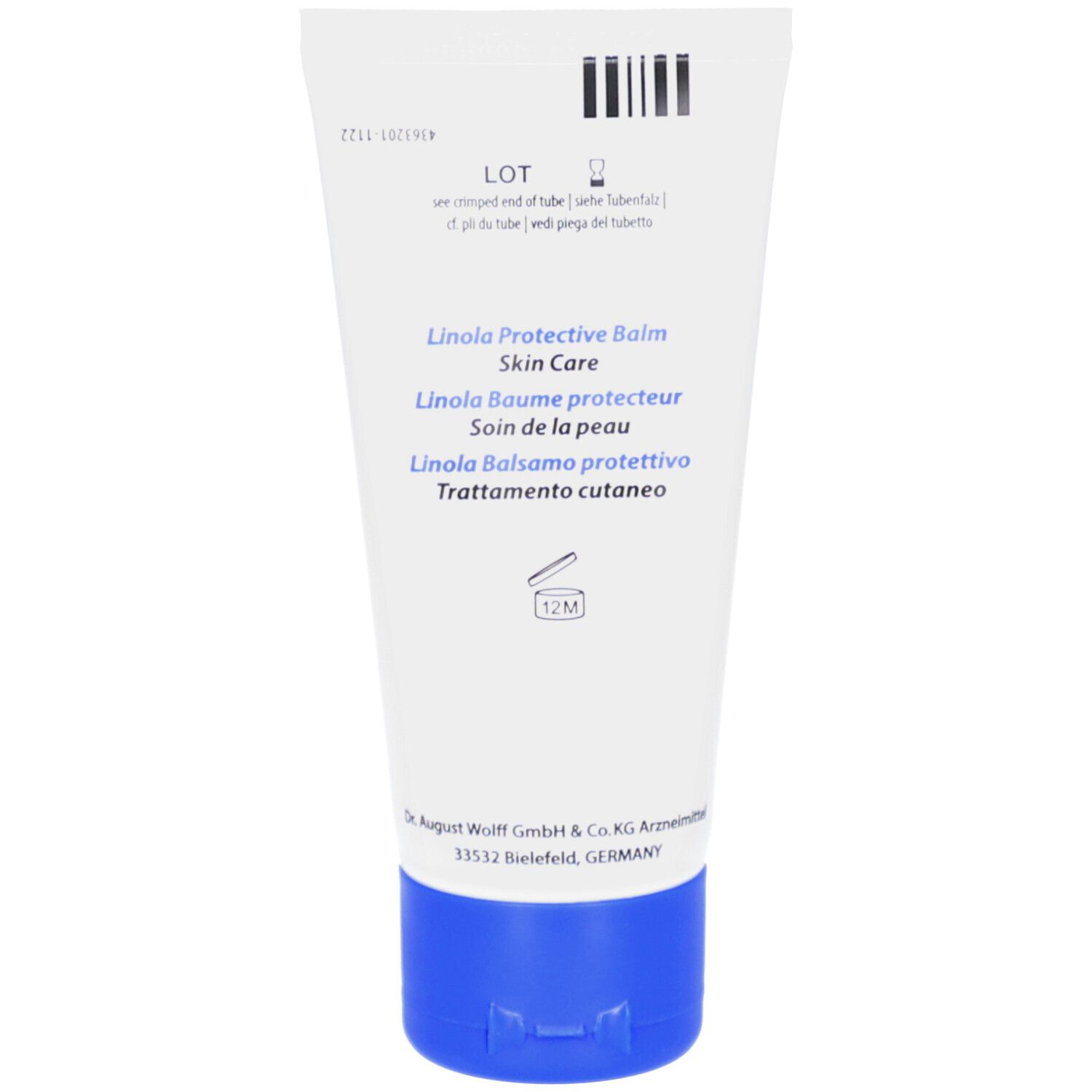 Witte tube met blauwe dop. Achterkant met meertalige tekst. Streepjescode.