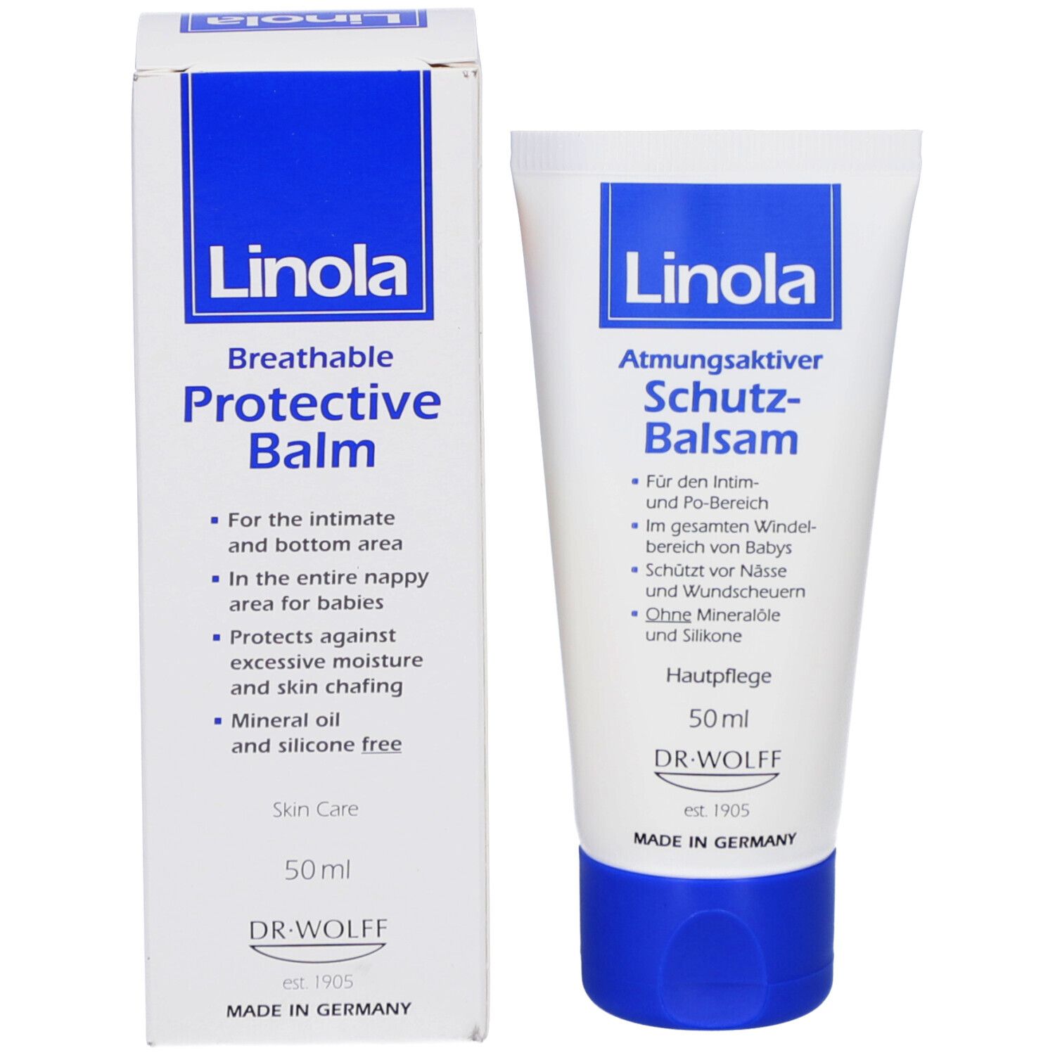 Productverpakking: tube en doos. Opschrift: Linola, Protective Balm. 50ml.