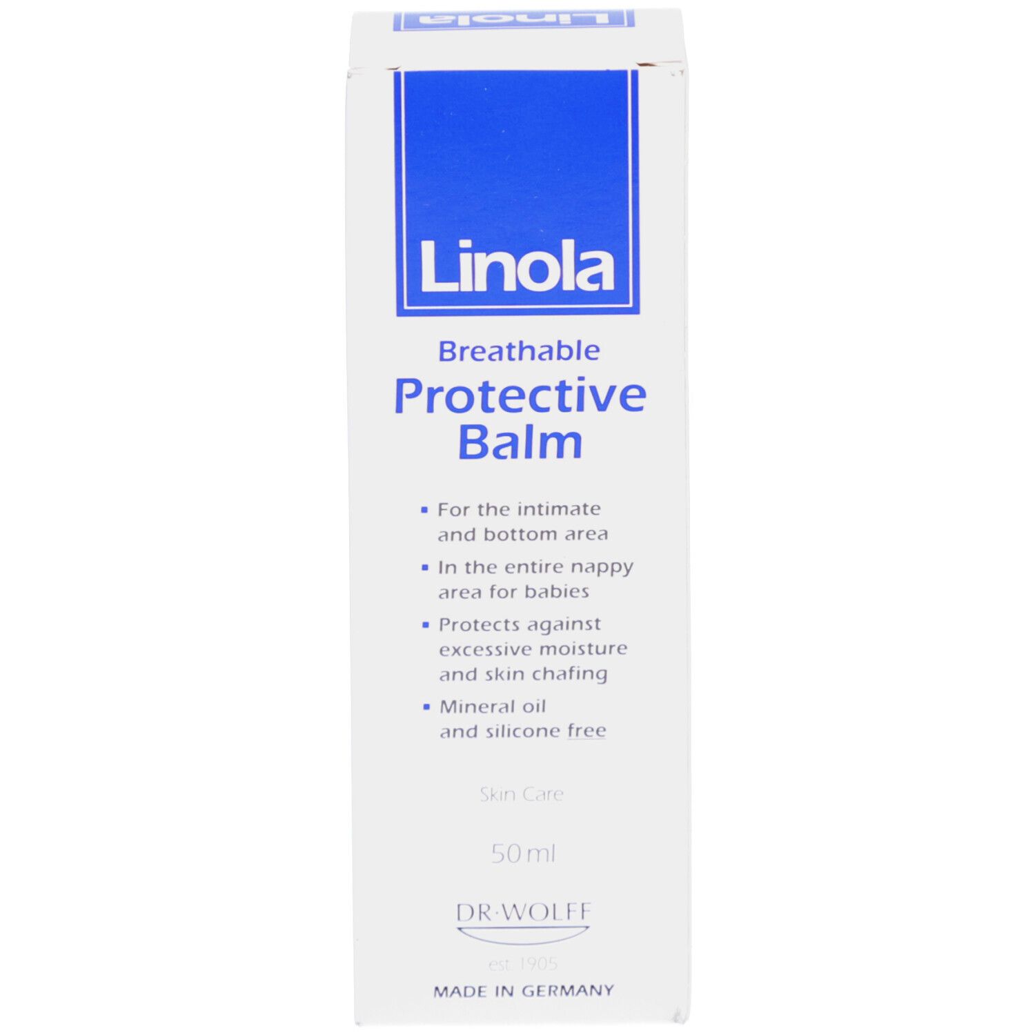 Witte doos met blauwe tekst: Linola, Protective Balm. 50ml. Dr. Wolff.