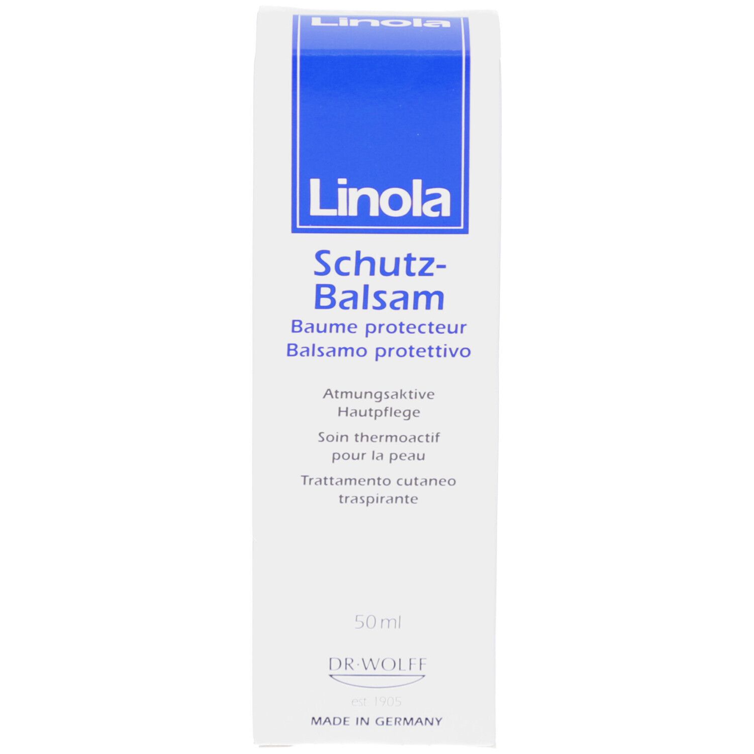 Witte doos met blauwe tekst: Linola, Beschermende balsem. 50ml.