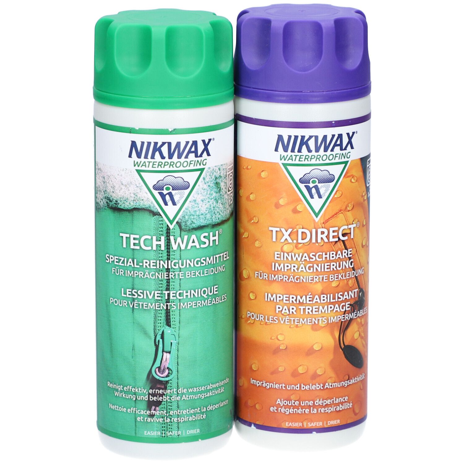 Twee flessen Nikwax Tech Wash en TX.Direct. Groen en paars. Tekst en logo's op de flessen. Gekerfde doppen.