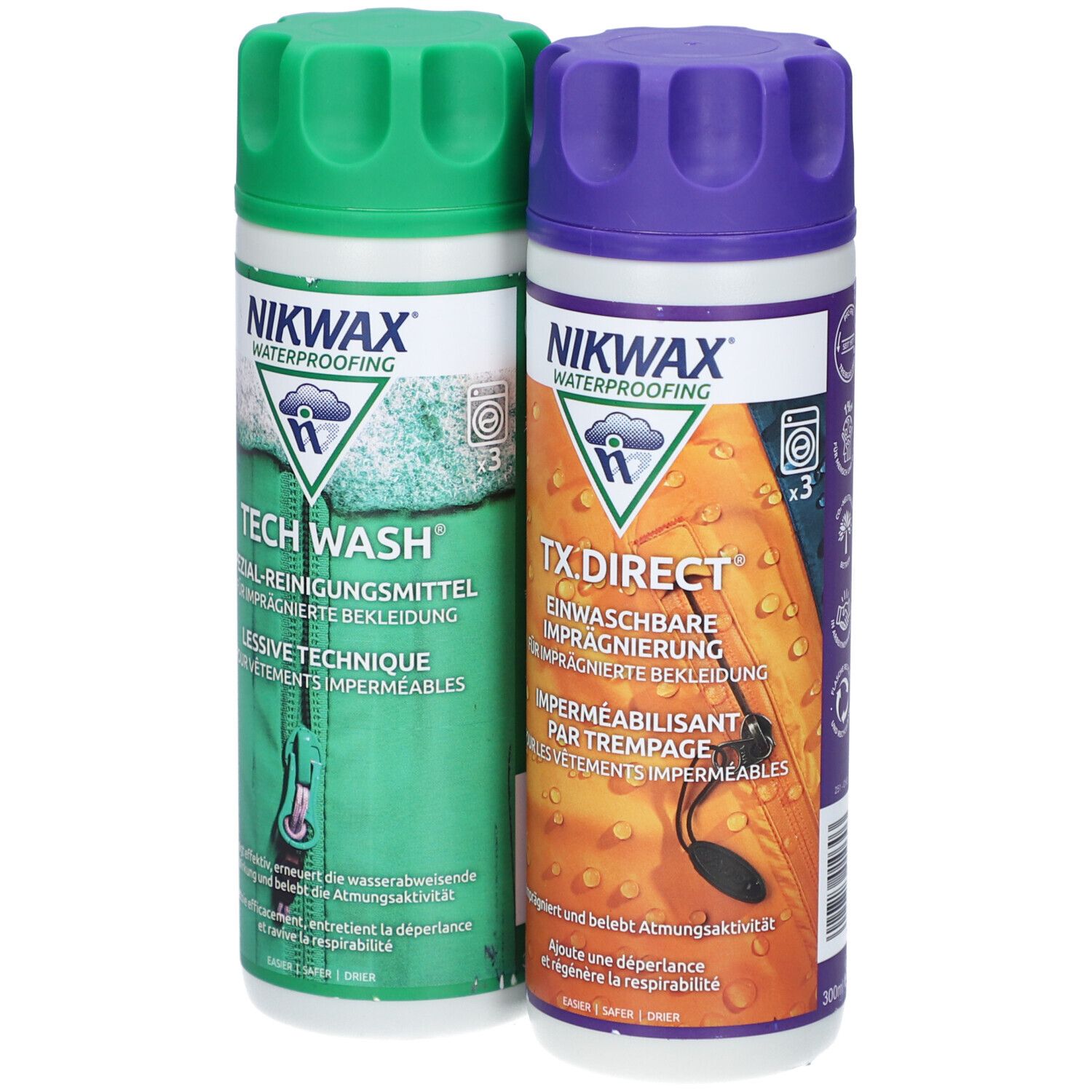 Twee flessen Nikwax Tech Wash en TX.Direct. Groen en paars. Tekst en logo's. Wasmachine-symbool.
