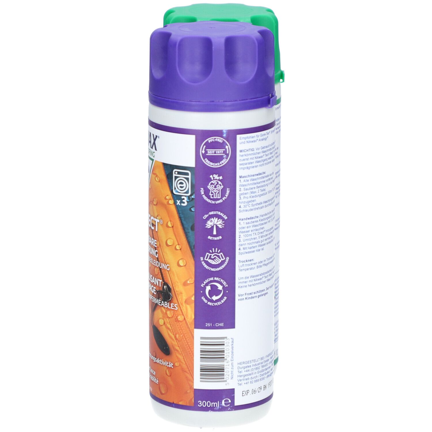 Nikwax TX.Direct fles. Paars. Tekst en logo's. Wasmachine-symbool. 300ml. Gekerfde dop.