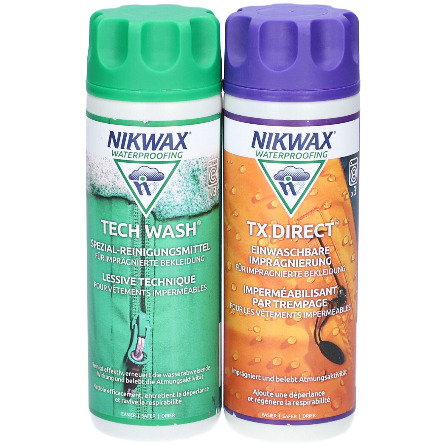 Twee flessen Nikwax Tech Wash en TX.Direct. Groen en paars. Tekst en logo's. Gekerfde doppen.