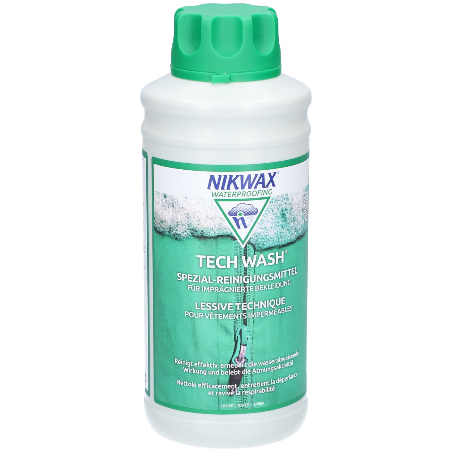 Witte fles met groene dop. Opschrift: Nikwax Tech Wash. Speciale reiniger voor geïmpregneerde kleding. Fles staat.